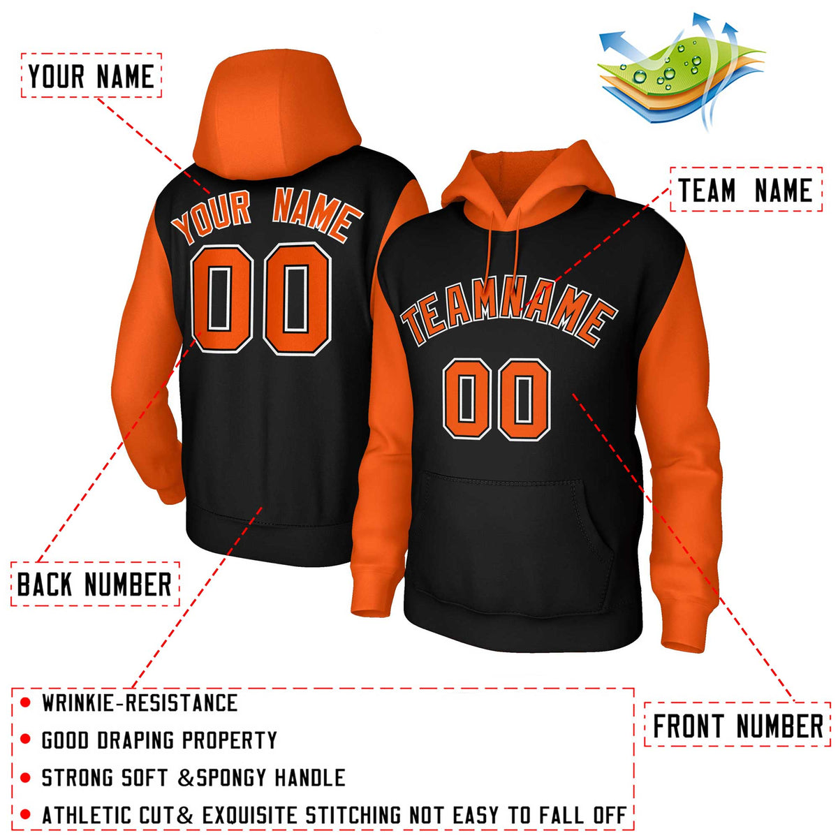Custom Black Orange-Black Raglan Sleeves Stitched Sportwear Pullover Hoodie| KXKSHOP