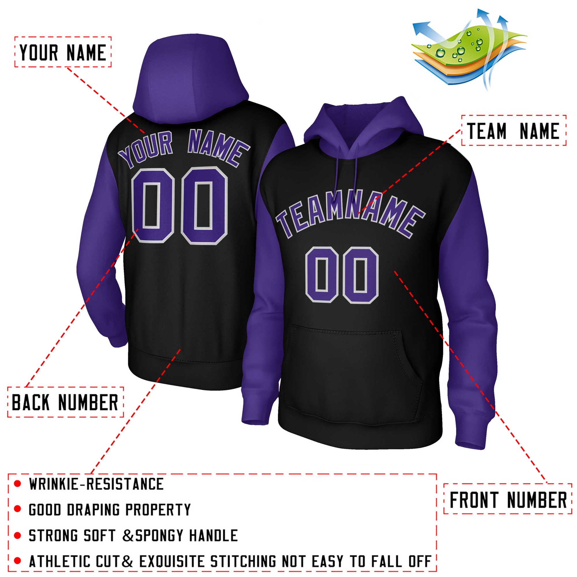Custom Black Purple-Gray Raglan Sleeves Stitched Sportwear Pullover Hoodie| KXKSHOP