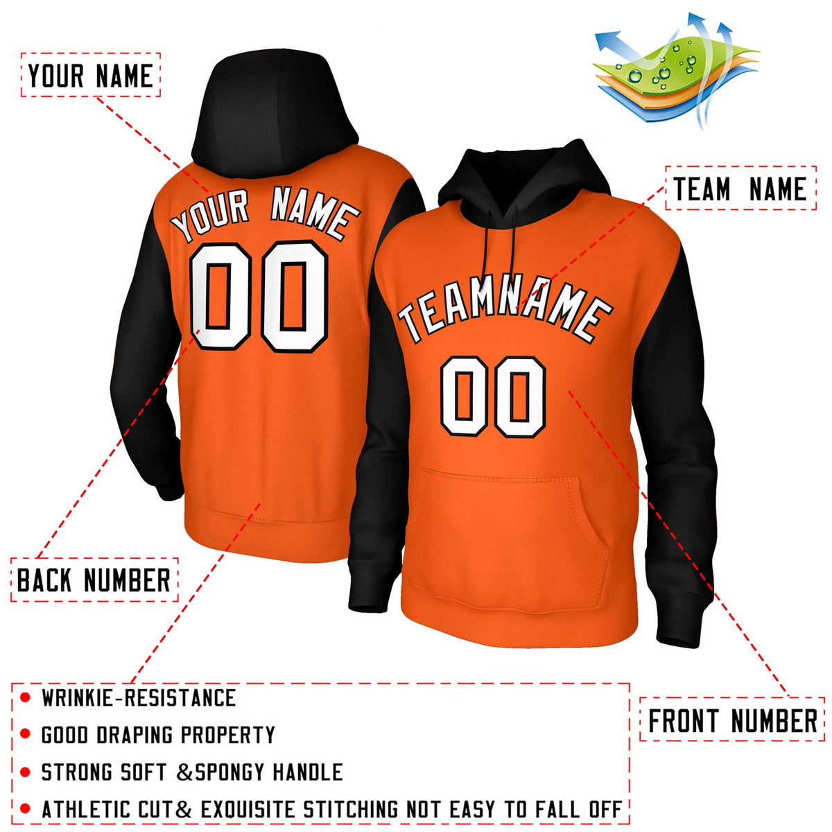 Custom Orange White-Black Raglan Sleeves Stitched Sportwear Pullover Hoodie| KXKSHOP