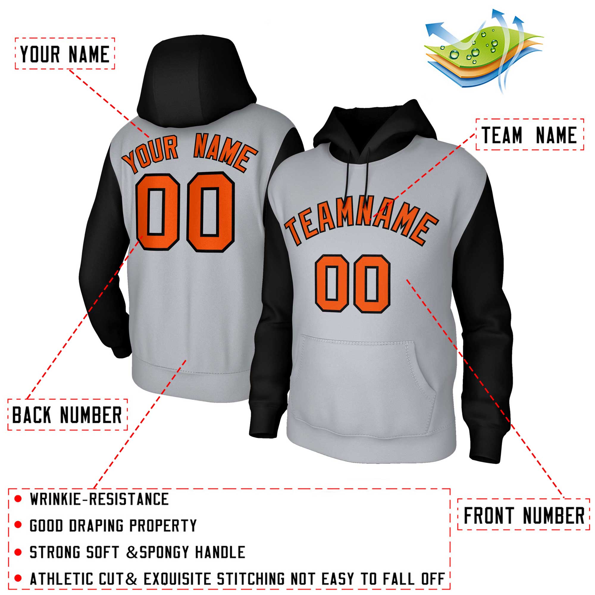 Custom Gray Orange-Black Raglan Sleeves Stitched Sportwear Pullover Hoodie| KXKSHOP