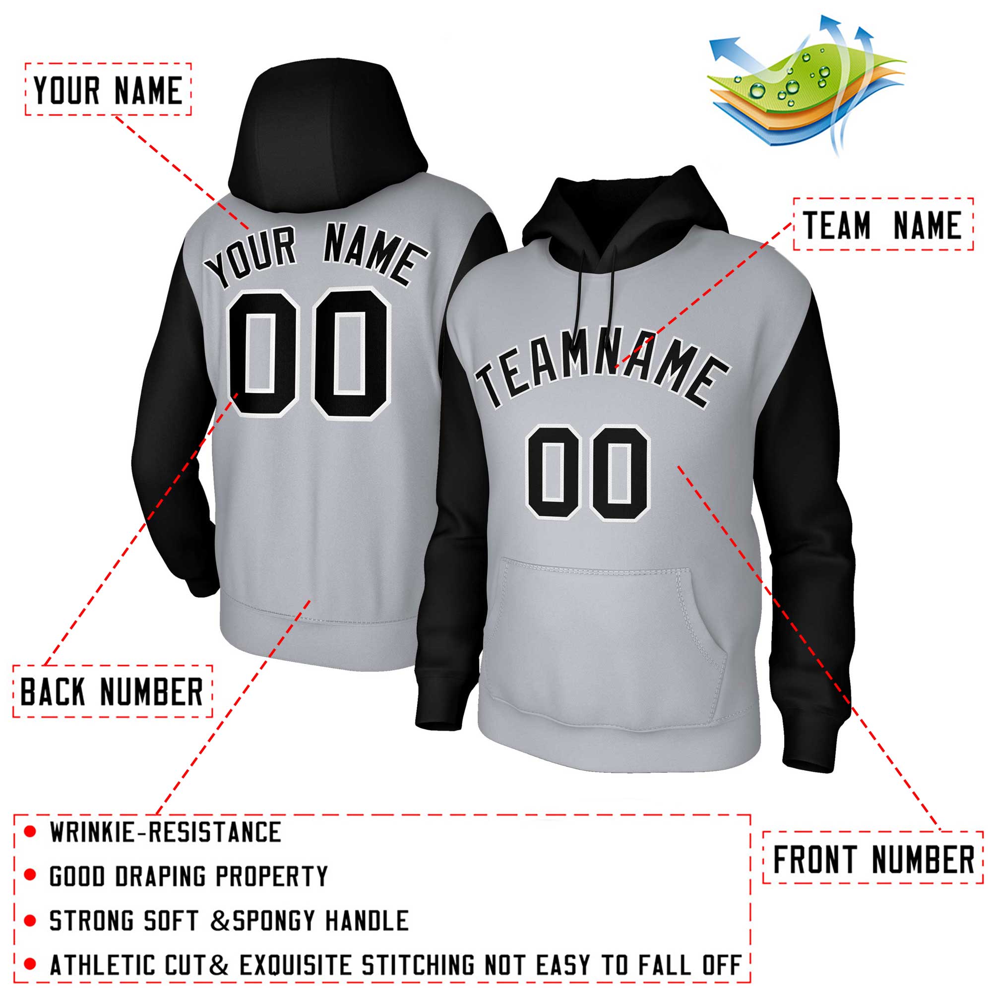 Custom Gray Black-White Raglan Sleeves Stitched Sportwear Pullover Hoodie| KXKSHOP