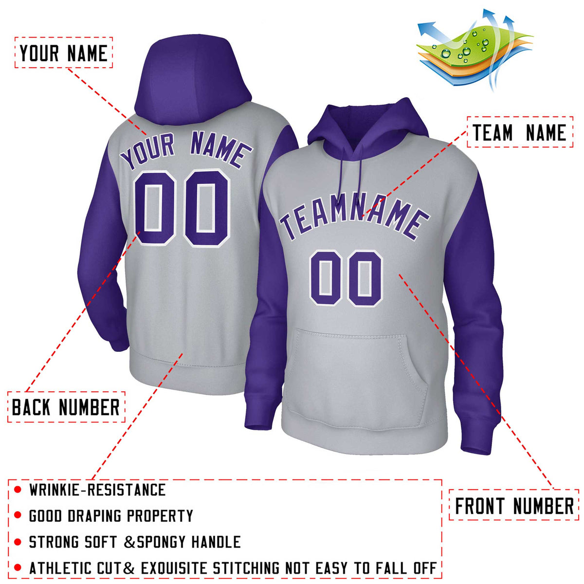 Custom Gray Purple-White Raglan Sleeves Stitched Sportwear Pullover Hoodie| KXKSHOP