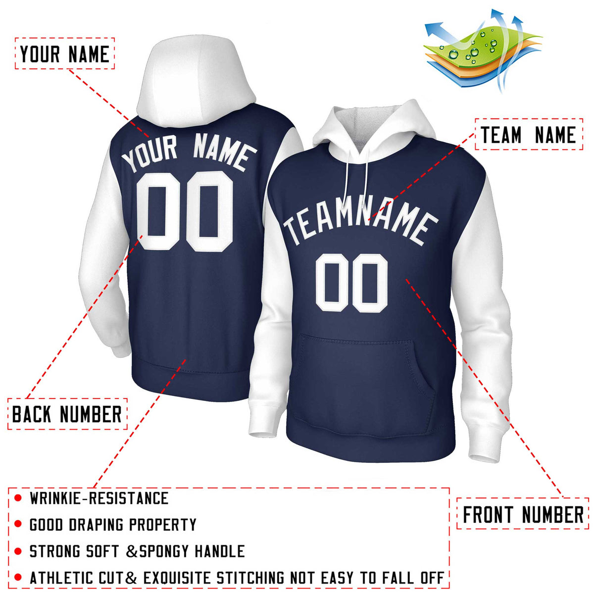 Custom Navy White-Raglan Sleeves Stitched Sportwear Pullover Hoodie| KXKSHOP