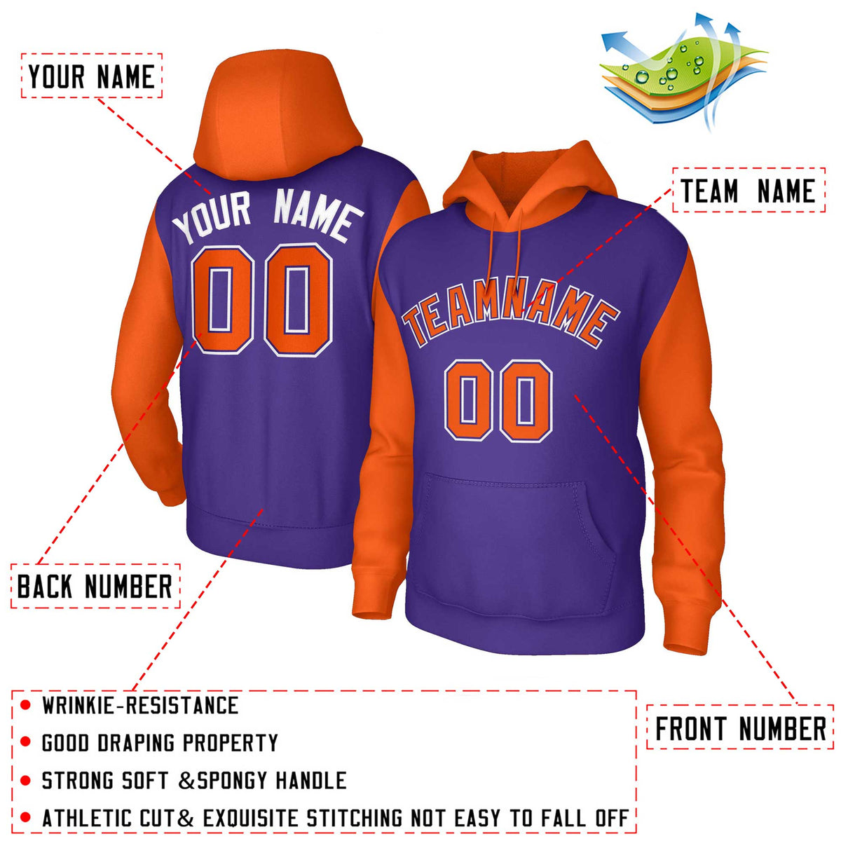 Custom Purple Orange-Purple Raglan Sleeves Stitched Sportwear Pullover Hoodie| KXKSHOP