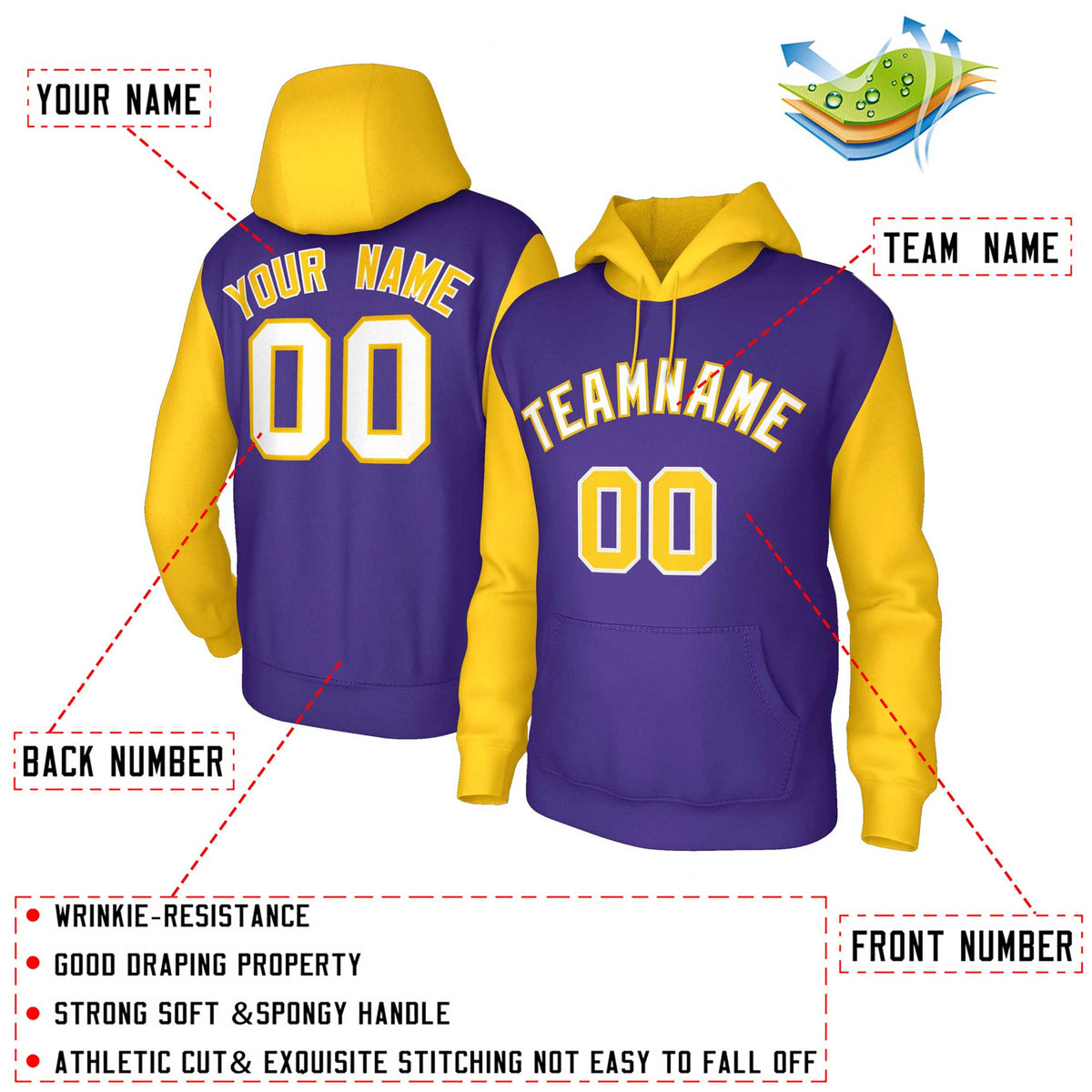 Custom Purple White-Gold Raglan Sleeves Stitched Sportwear Pullover Hoodie| KXKSHOP