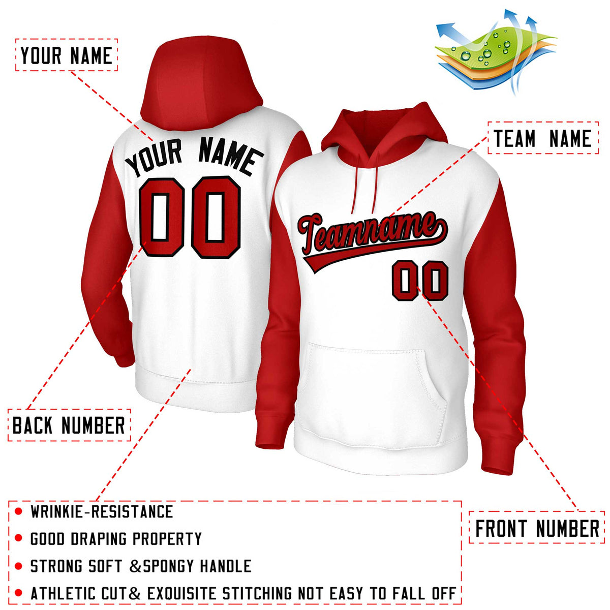 Custom White Red-Black Raglan Sleeves Stitched Sportwear Pullover Hoodie| KXKSHOP
