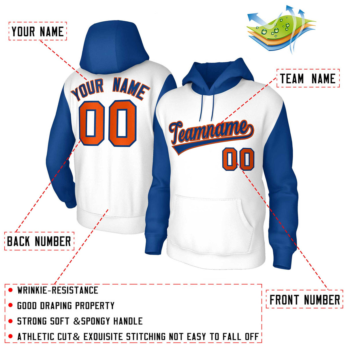 Custom White Royal-Orange Raglan Sleeves Stitched Sportwear Pullover Hoodie| KXKSHOP