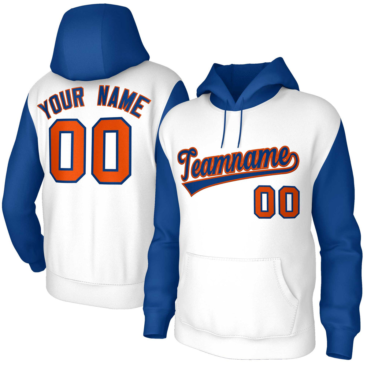 Custom White Royal-Orange Raglan Sleeves Stitched Sportwear Pullover Hoodie| KXKSHOP