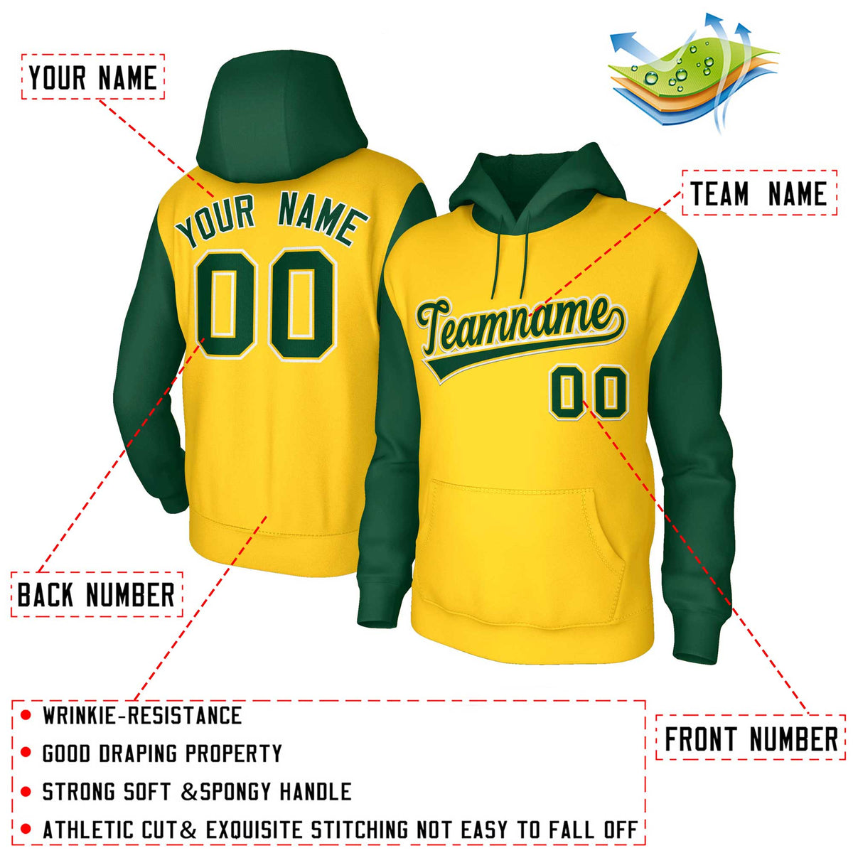 Custom Gold Green-Gold Raglan Sleeves Stitched Sportwear Pullover Hoodie| KXKSHOP