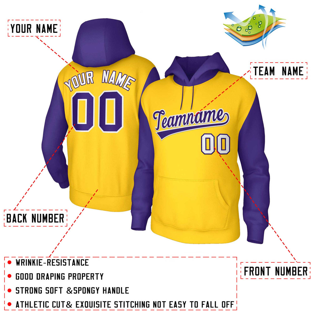 Custom Gold Purple-White Raglan Sleeves Stitched Sportwear Pullover Hoodie| KXKSHOP