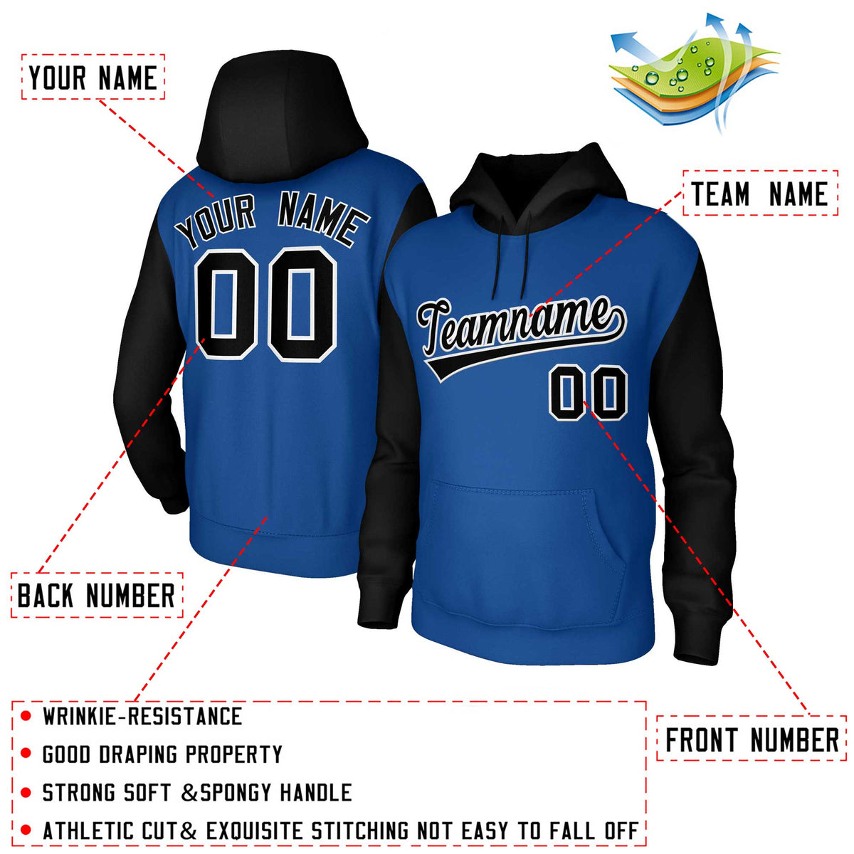 Custom Royal Black-White Raglan Sleeves Stitched Sportwear Pullover Hoodie| KXKSHOP