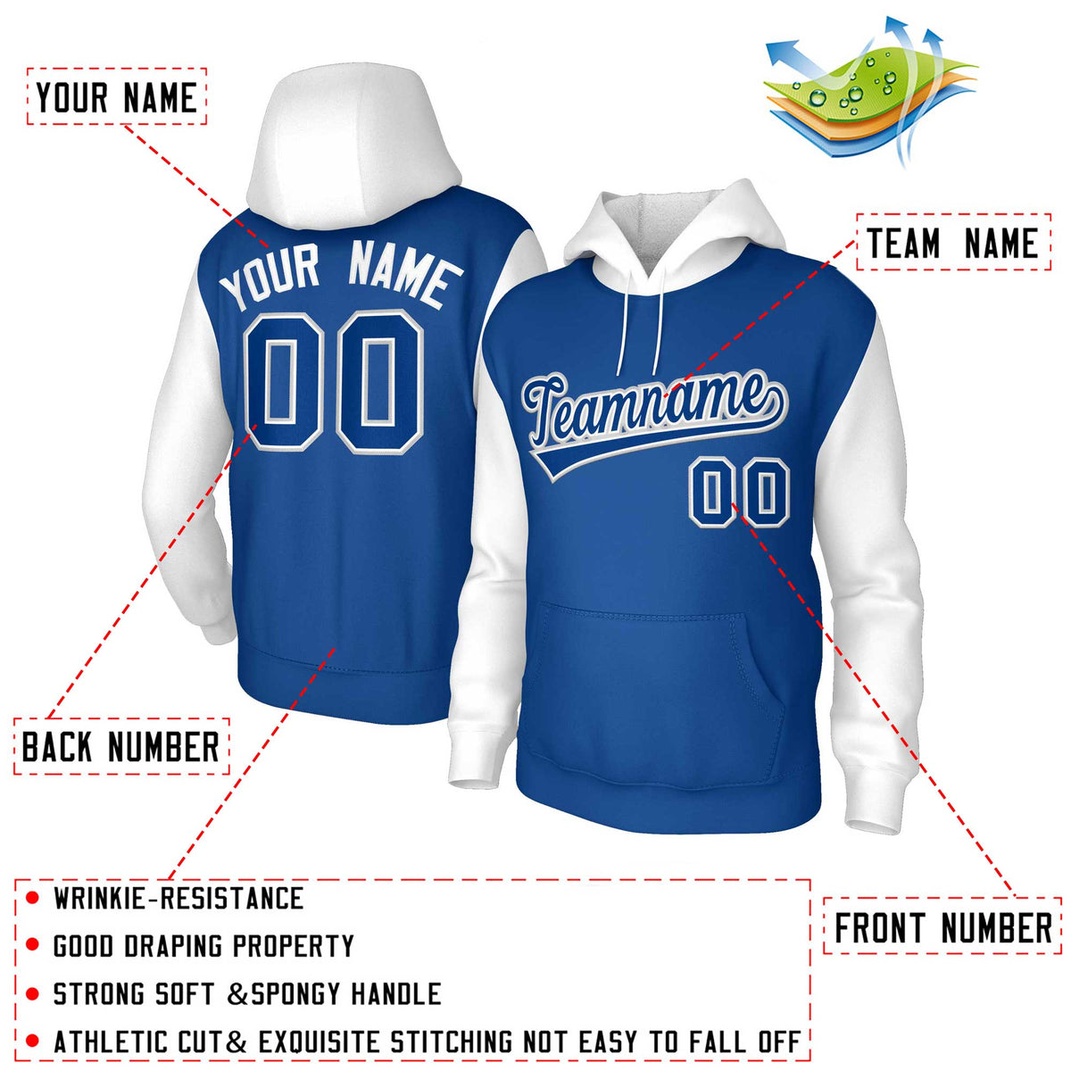 Custom Royal Royal-White Raglan Sleeves Stitched Sportwear Pullover Hoodie| KXKSHOP