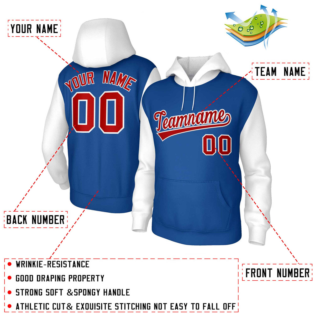 Custom Royal Red-White Raglan Sleeves Stitched Sportwear Pullover Hoodie| KXKSHOP