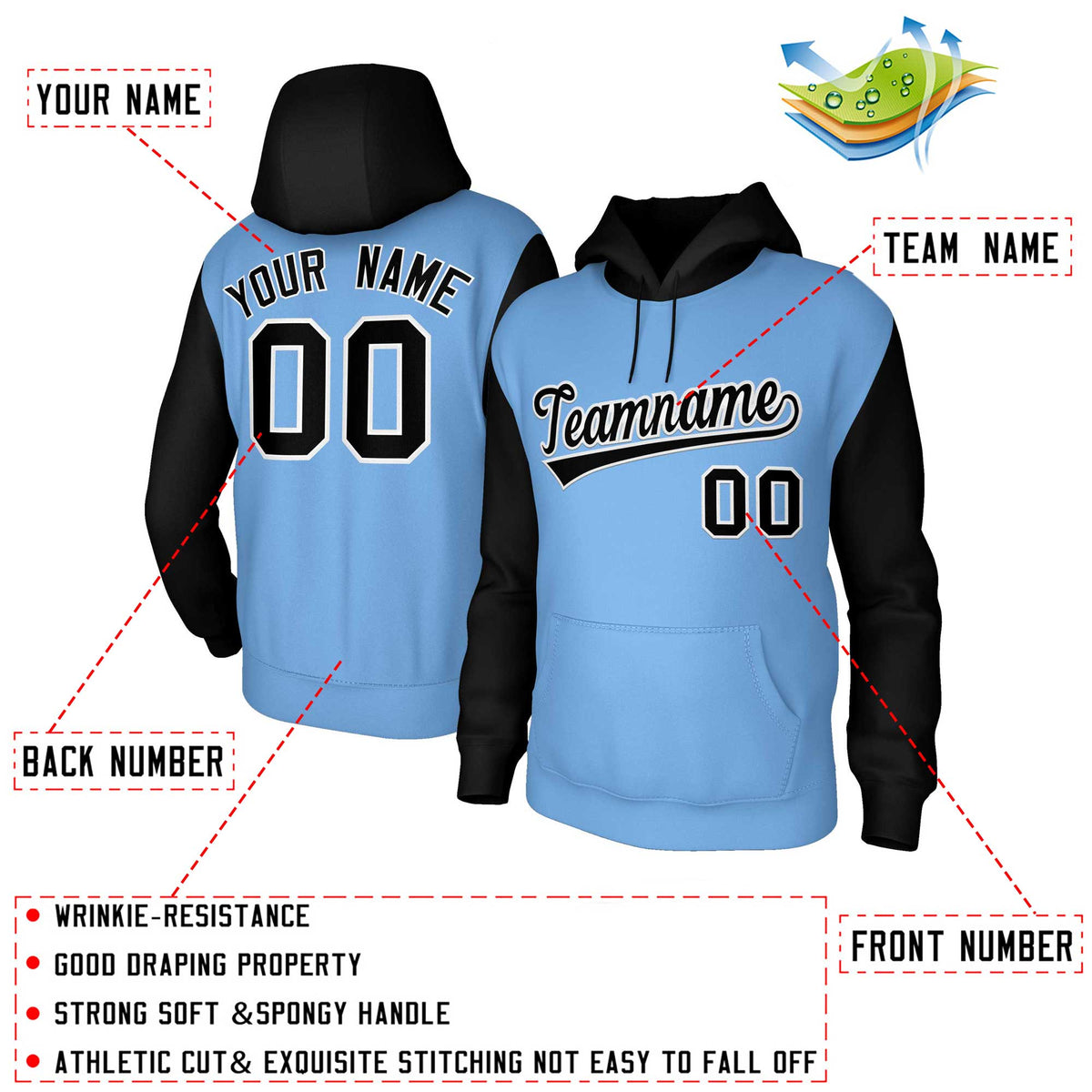 Custom Light Blue Black-White Raglan Sleeves Stitched Sportwear Pullover Hoodie| KXKSHOP