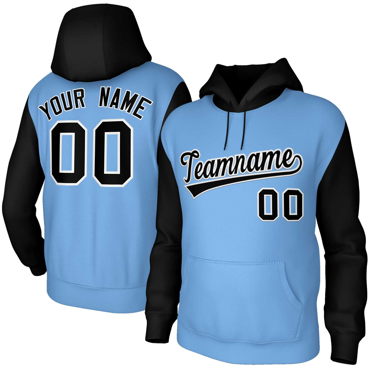 Custom Light Blue Black-White Raglan Sleeves Stitched Sportwear Pullover Hoodie| KXKSHOP