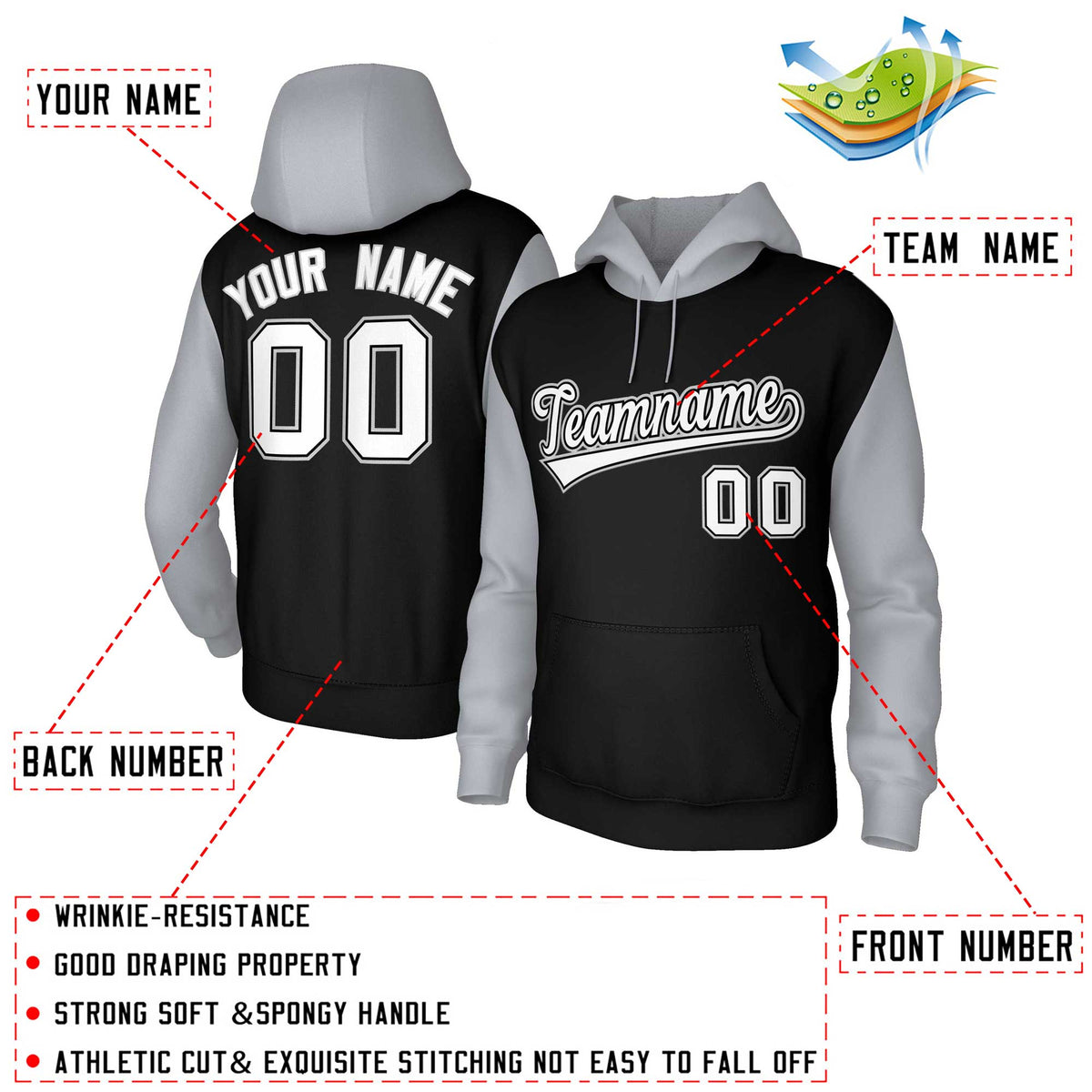 Custom Black White-Black Raglan Sleeves Stitched Sportwear Pullover Hoodie| KXKSHOP