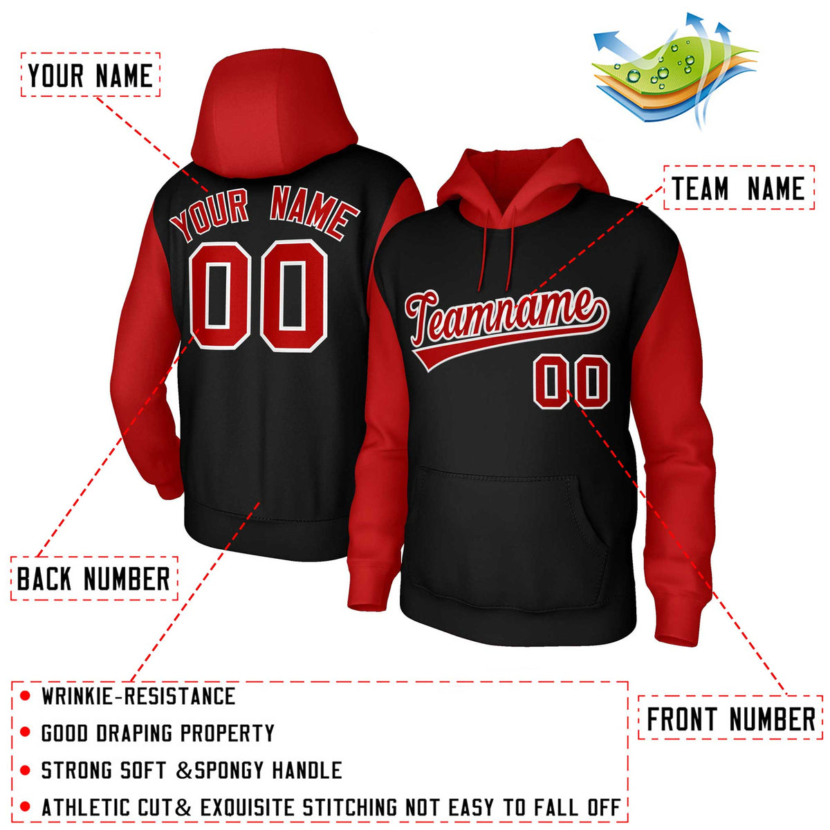 Custom Black Red-White Raglan Sleeves Stitched Sportwear Pullover Hoodie| KXKSHOP