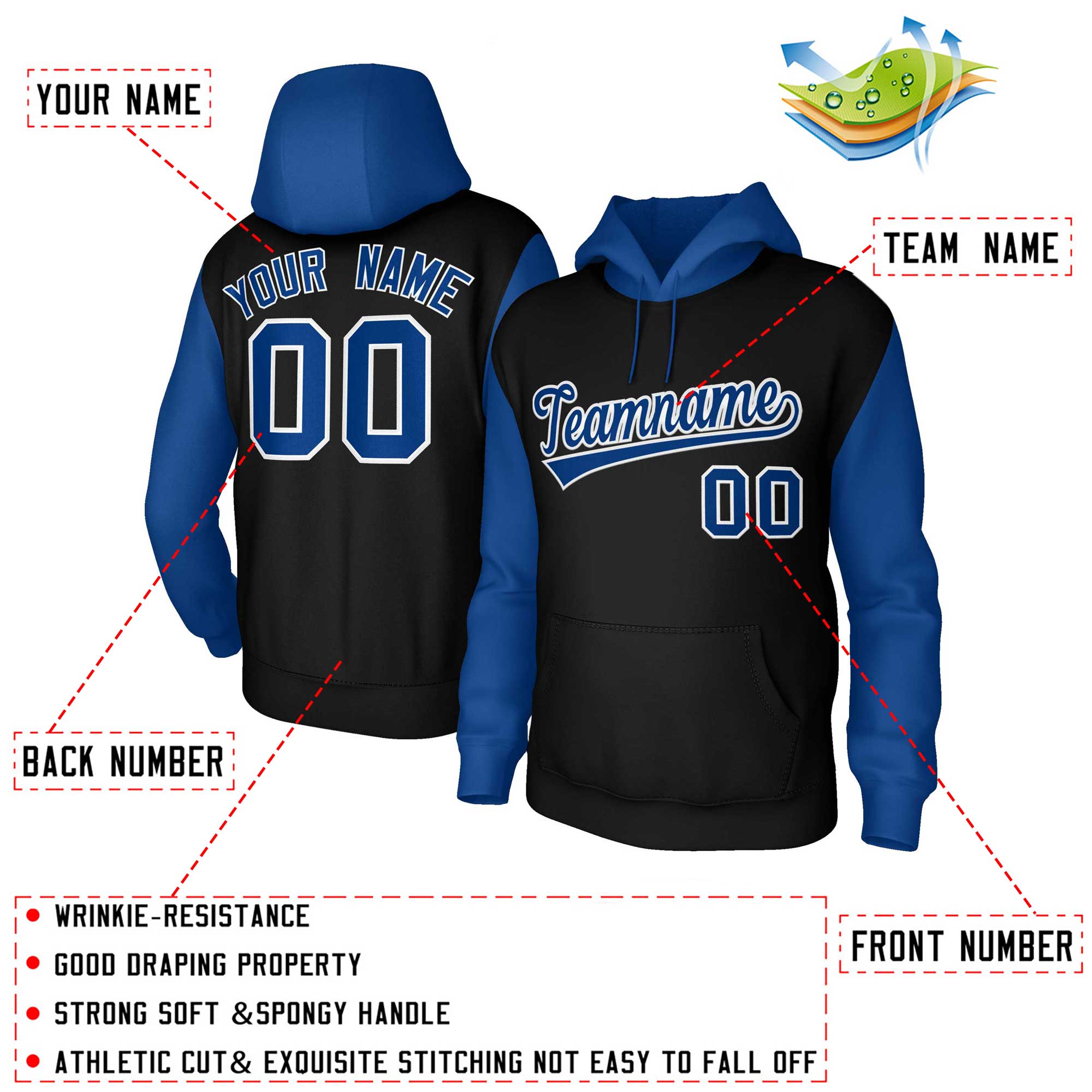 Custom Black Royal-White Raglan Sleeves Stitched Sportwear Pullover Hoodie| KXKSHOP
