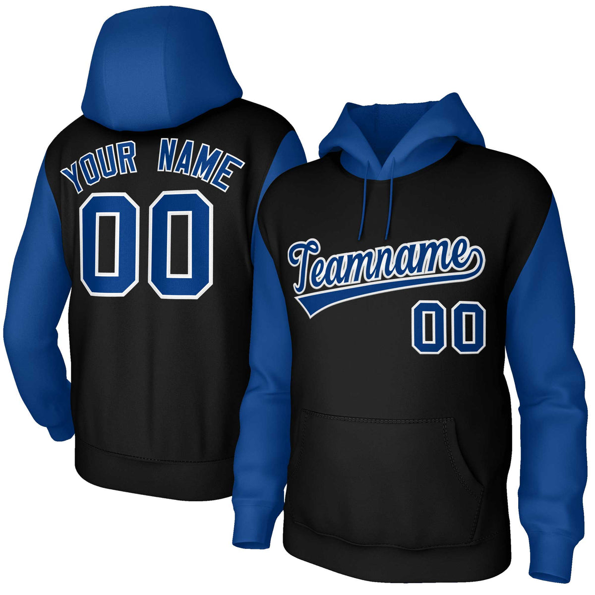 Custom Black Royal-White Raglan Sleeves Stitched Sportwear Pullover Hoodie| KXKSHOP