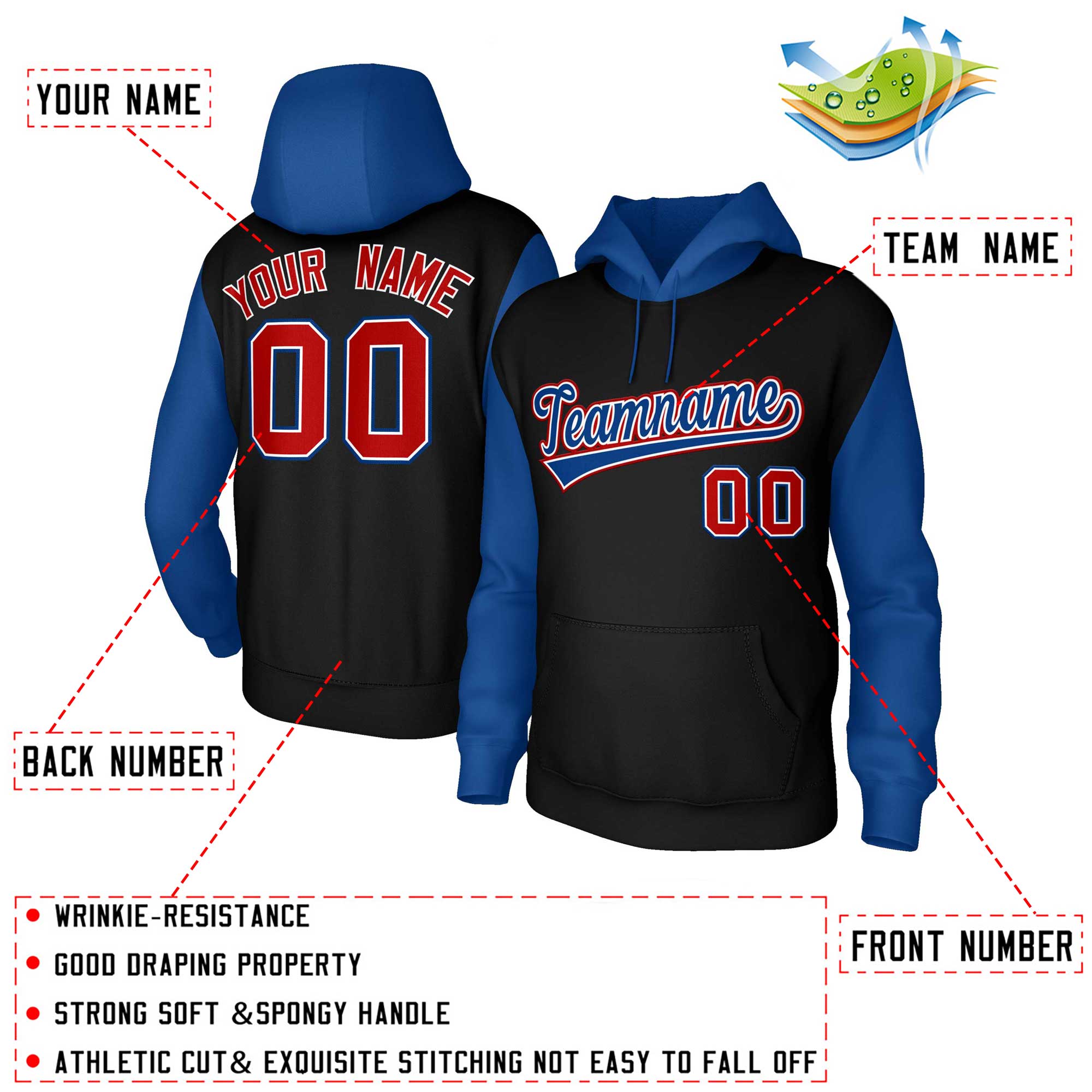 Custom Black Royal-White Raglan Sleeves Stitched Sportwear Pullover Hoodie| KXKSHOP