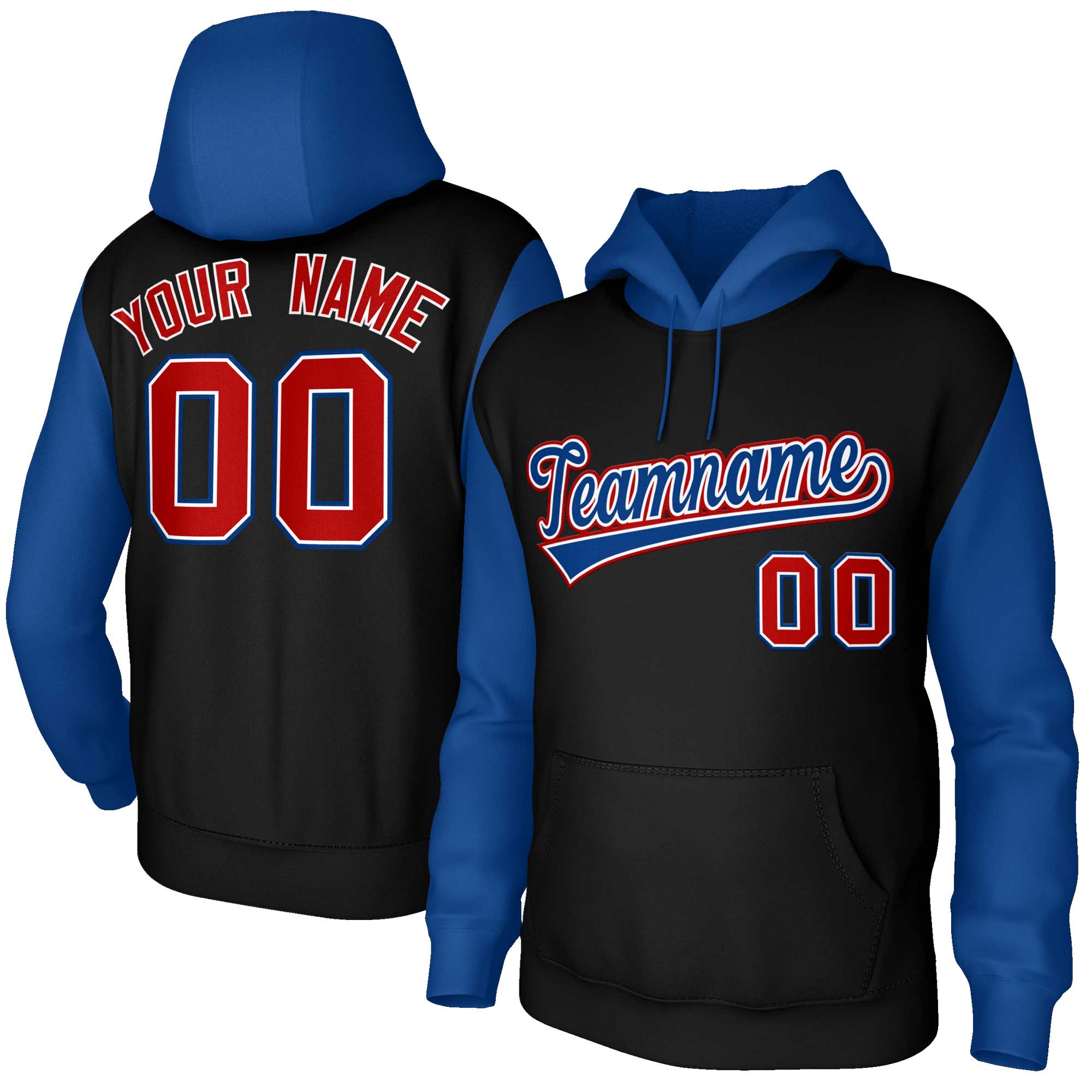 Custom Black Royal-White Raglan Sleeves Stitched Sportwear Pullover Hoodie| KXKSHOP