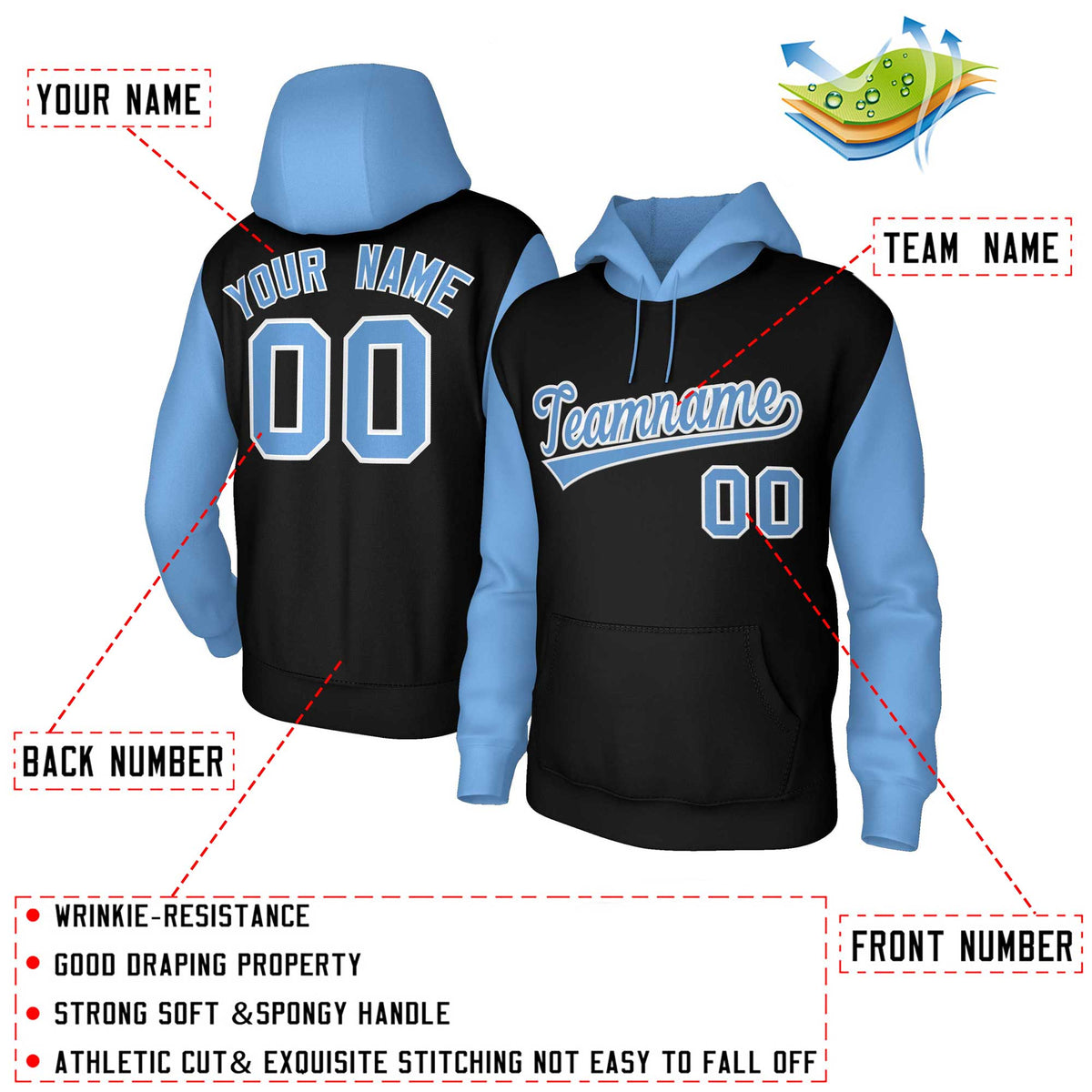 Custom Black Light Blue-White Raglan Sleeves Stitched Sportwear Pullover Hoodie| KXKSHOP