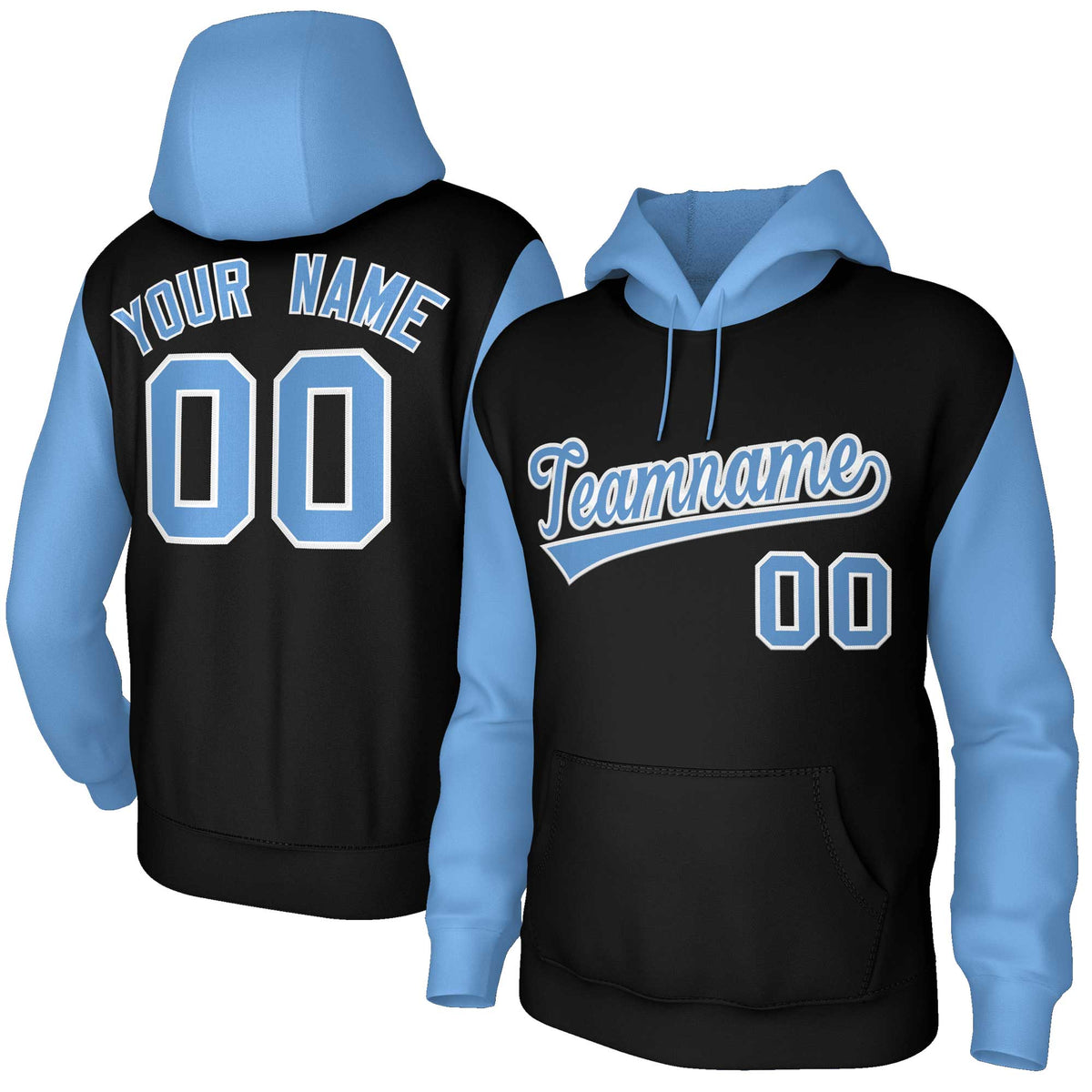 Custom Black Light Blue-White Raglan Sleeves Stitched Sportwear Pullover Hoodie| KXKSHOP