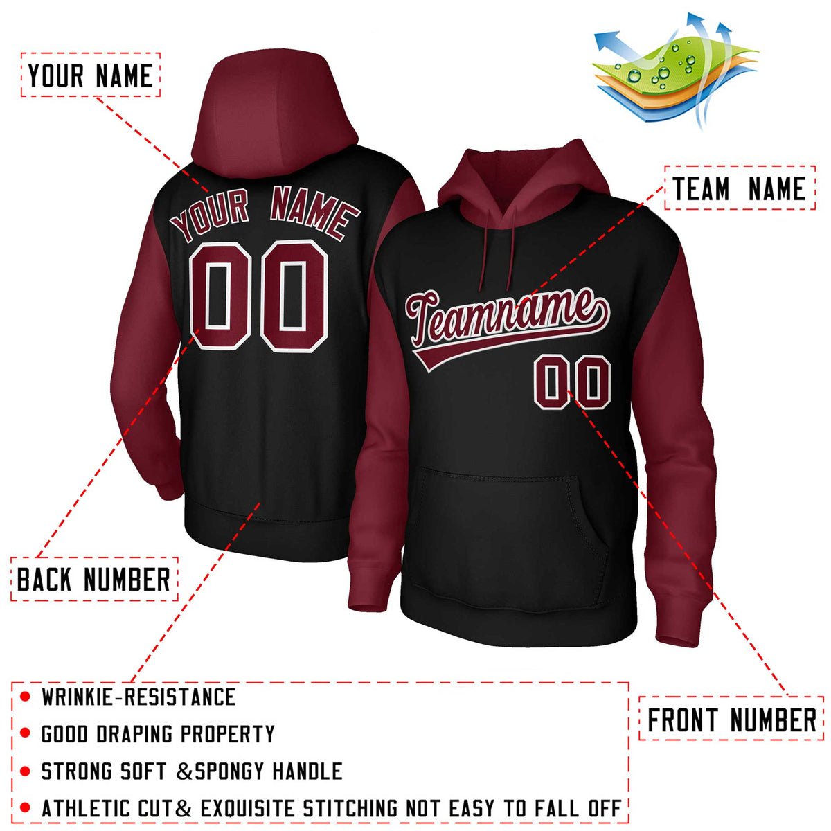 Custom Black Crimson-White Raglan Sleeves Stitched Sportwear Pullover Hoodie| KXKSHOP