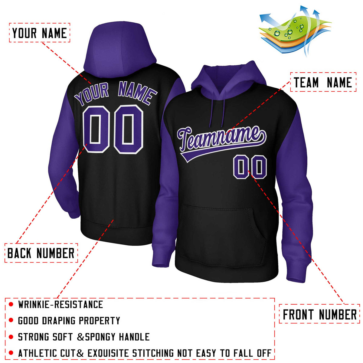 Custom Black Purple-White Raglan Sleeves Stitched Sportwear Pullover Hoodie| KXKSHOP