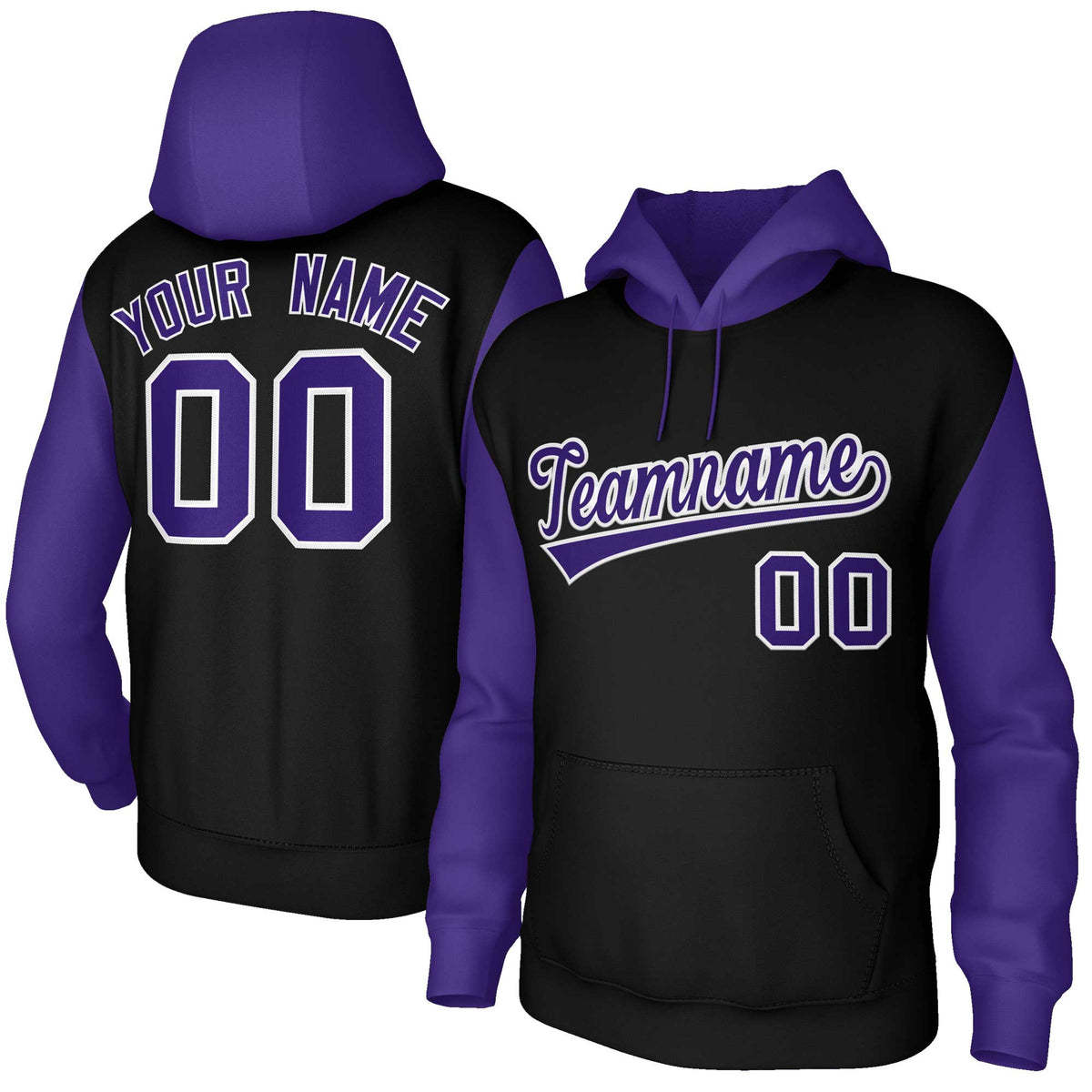 Custom Black Purple-White Raglan Sleeves Stitched Sportwear Pullover Hoodie| KXKSHOP