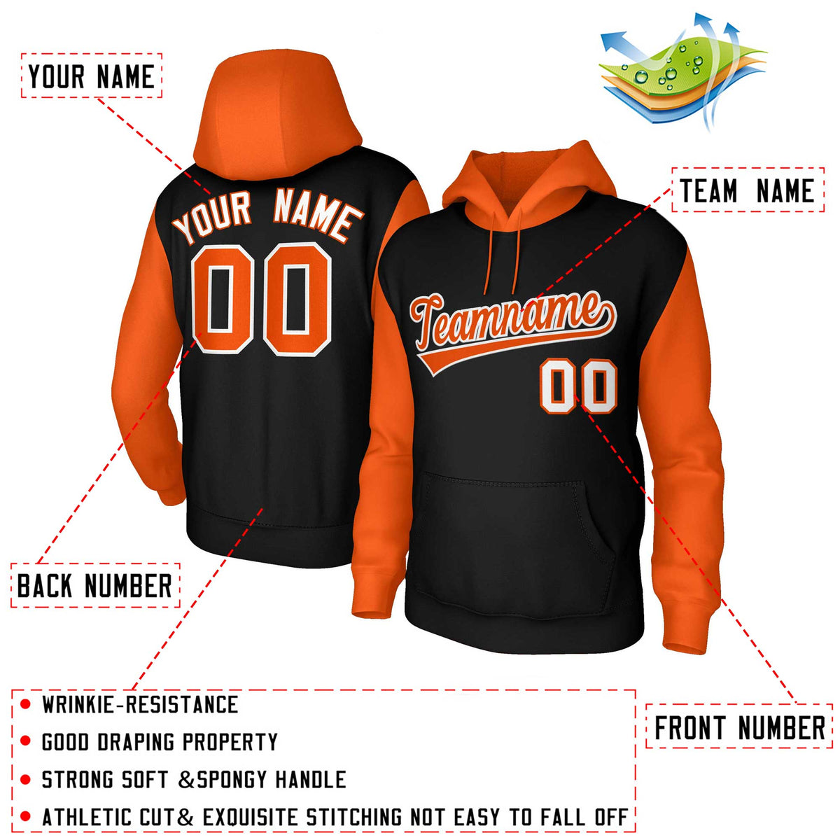 Custom Black Orange-White Raglan Sleeves Stitched Sportwear Pullover Hoodie| KXKSHOP