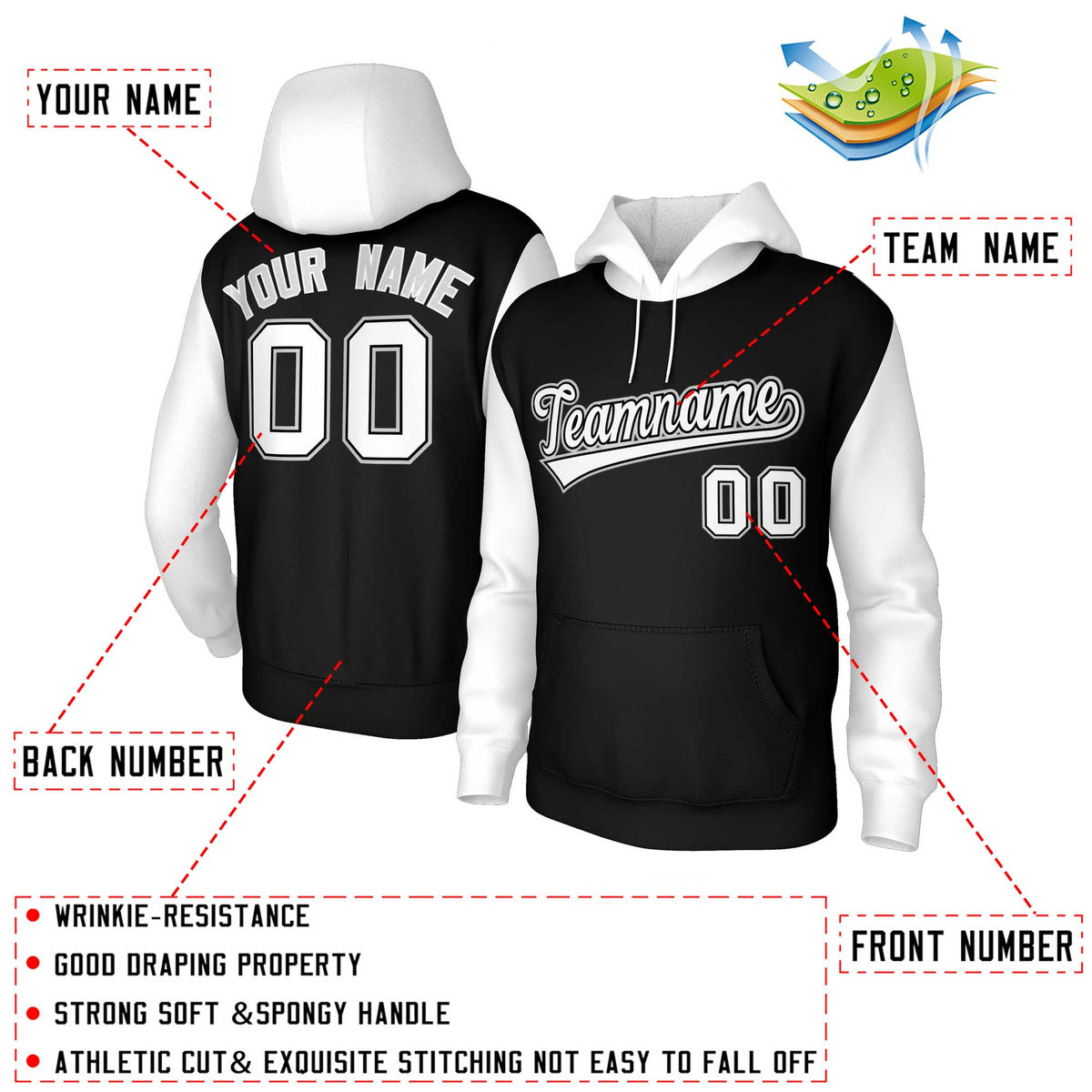 Custom Black White-Black Raglan Sleeves Stitched Sportwear Pullover Hoodie| KXKSHOP