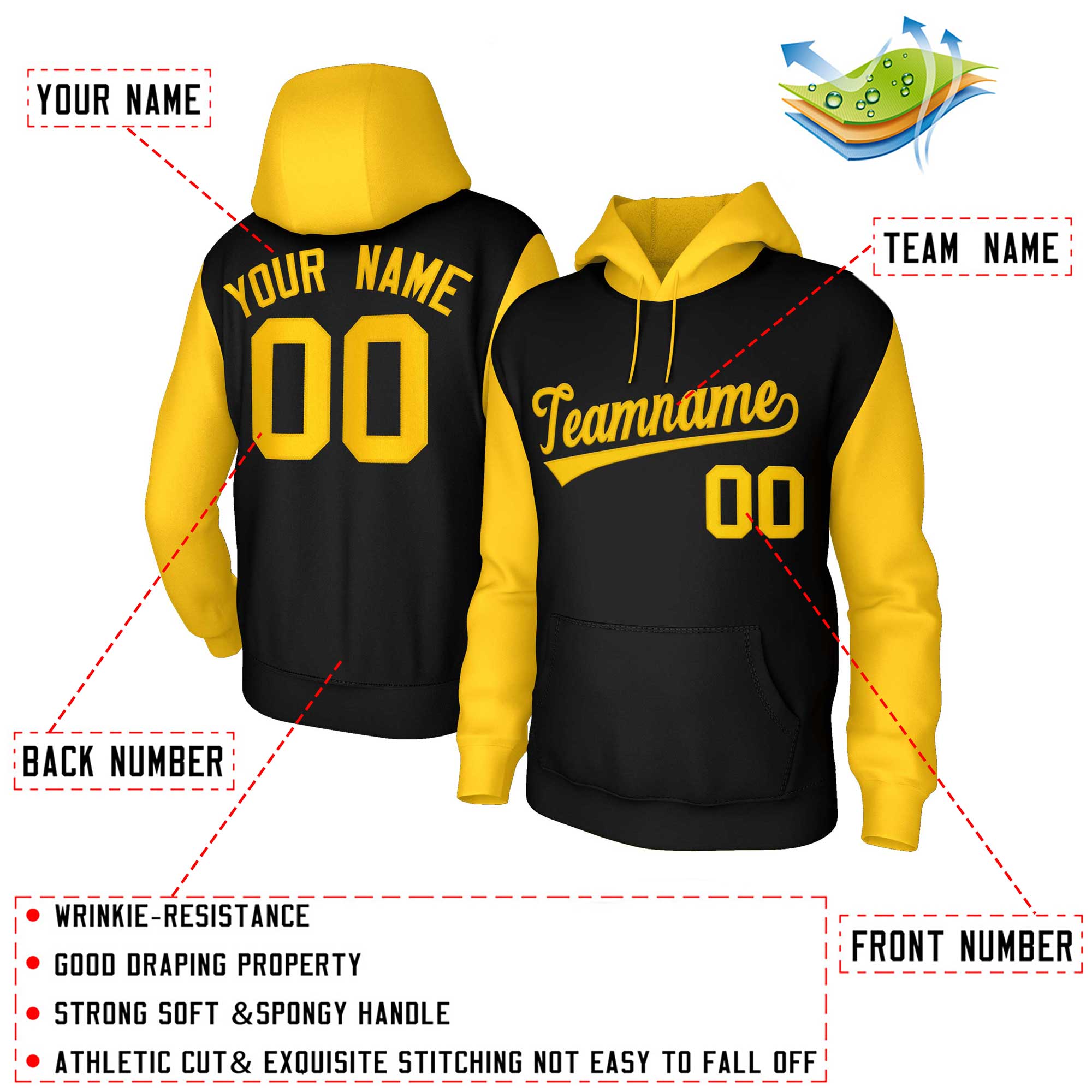 Custom Black Gold-Raglan Sleeves Stitched Sportwear Pullover Hoodie| KXKSHOP