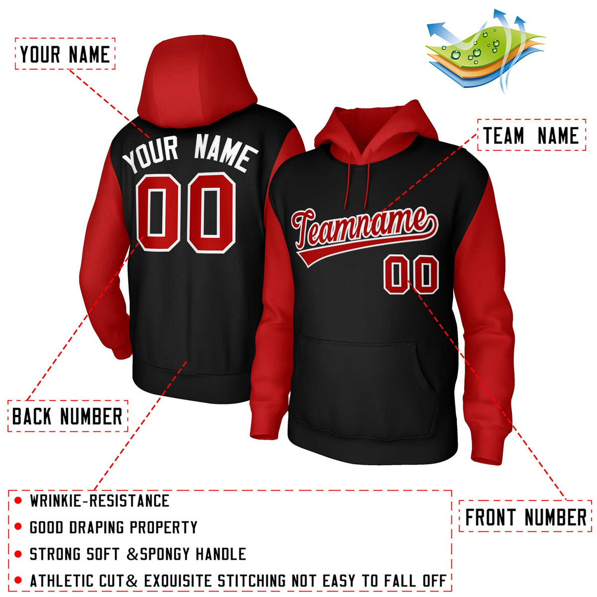 Custom Black Red-White Raglan Sleeves Stitched Sportwear Pullover Hoodie| KXKSHOP