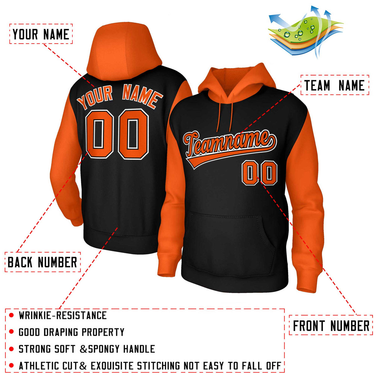 Custom Black Orange-Black Raglan Sleeves Stitched Sportwear Pullover Hoodie| KXKSHOP