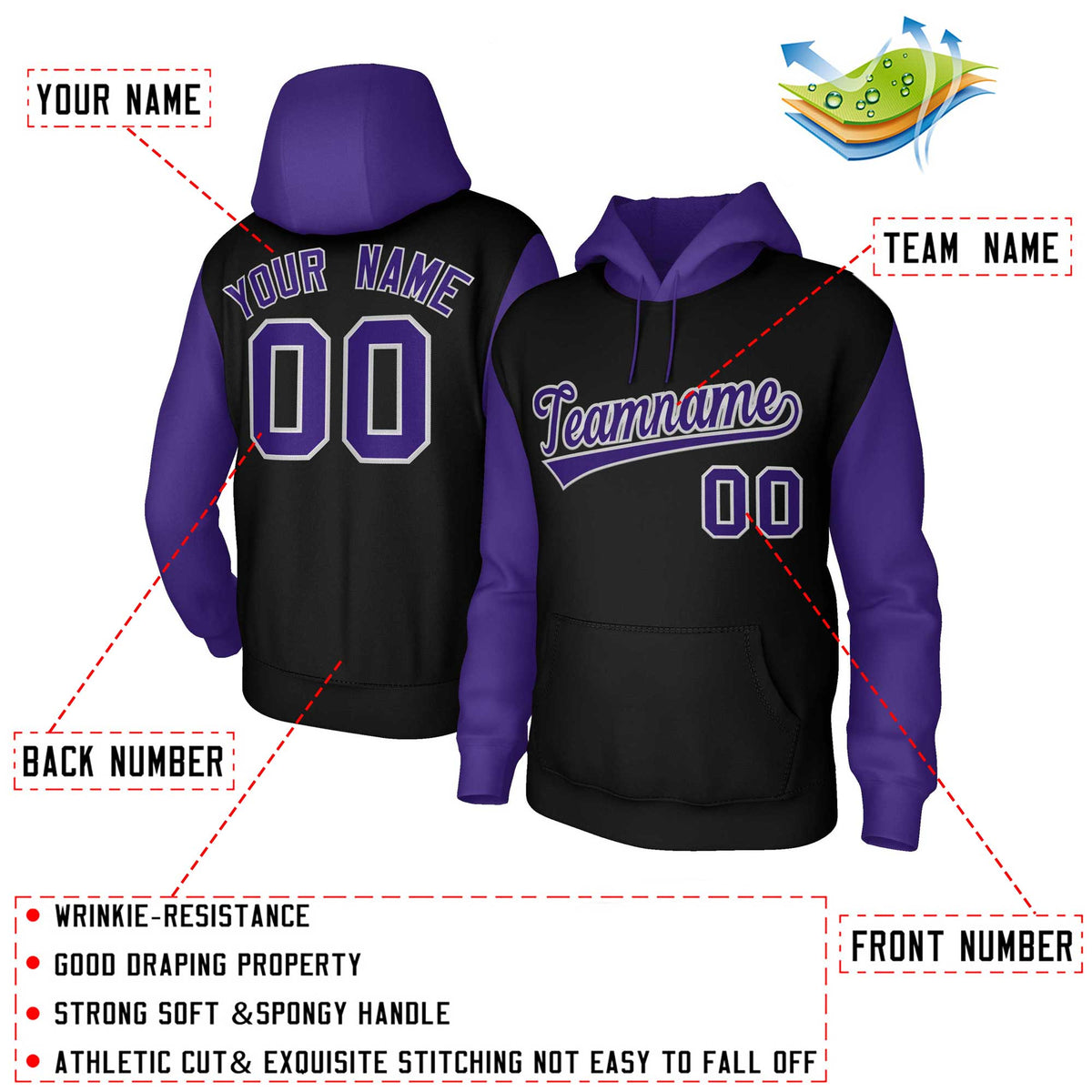 Custom Black Purple-Gray Raglan Sleeves Stitched Sportwear Pullover Hoodie| KXKSHOP