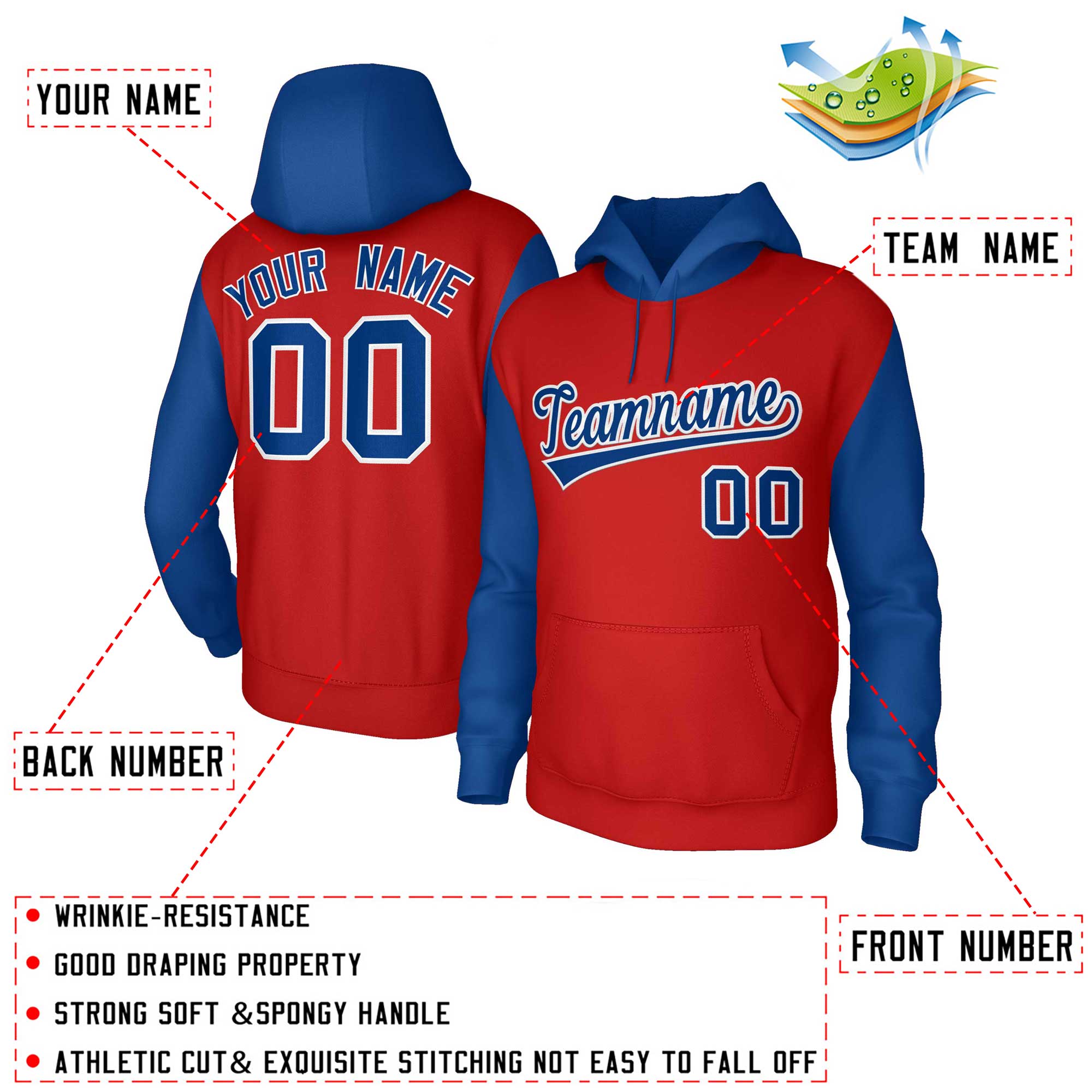 Custom Red Royal-White Raglan Sleeves Stitched Sportwear Pullover Hoodie| KXKSHOP