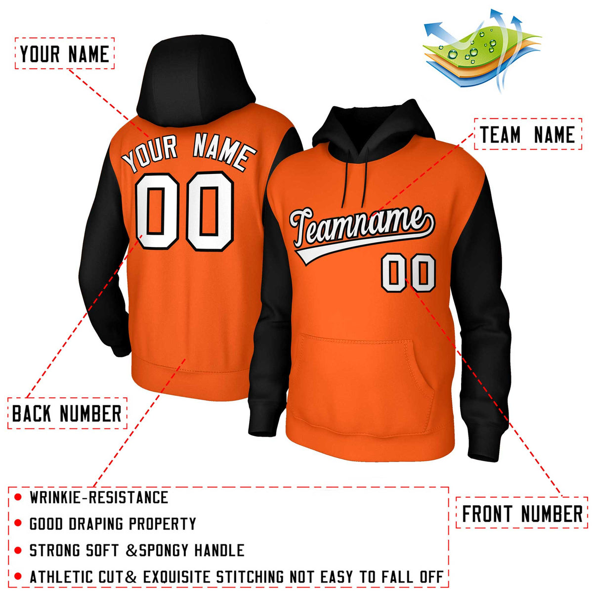 Custom Orange White-Black Raglan Sleeves Stitched Sportwear Pullover Hoodie| KXKSHOP