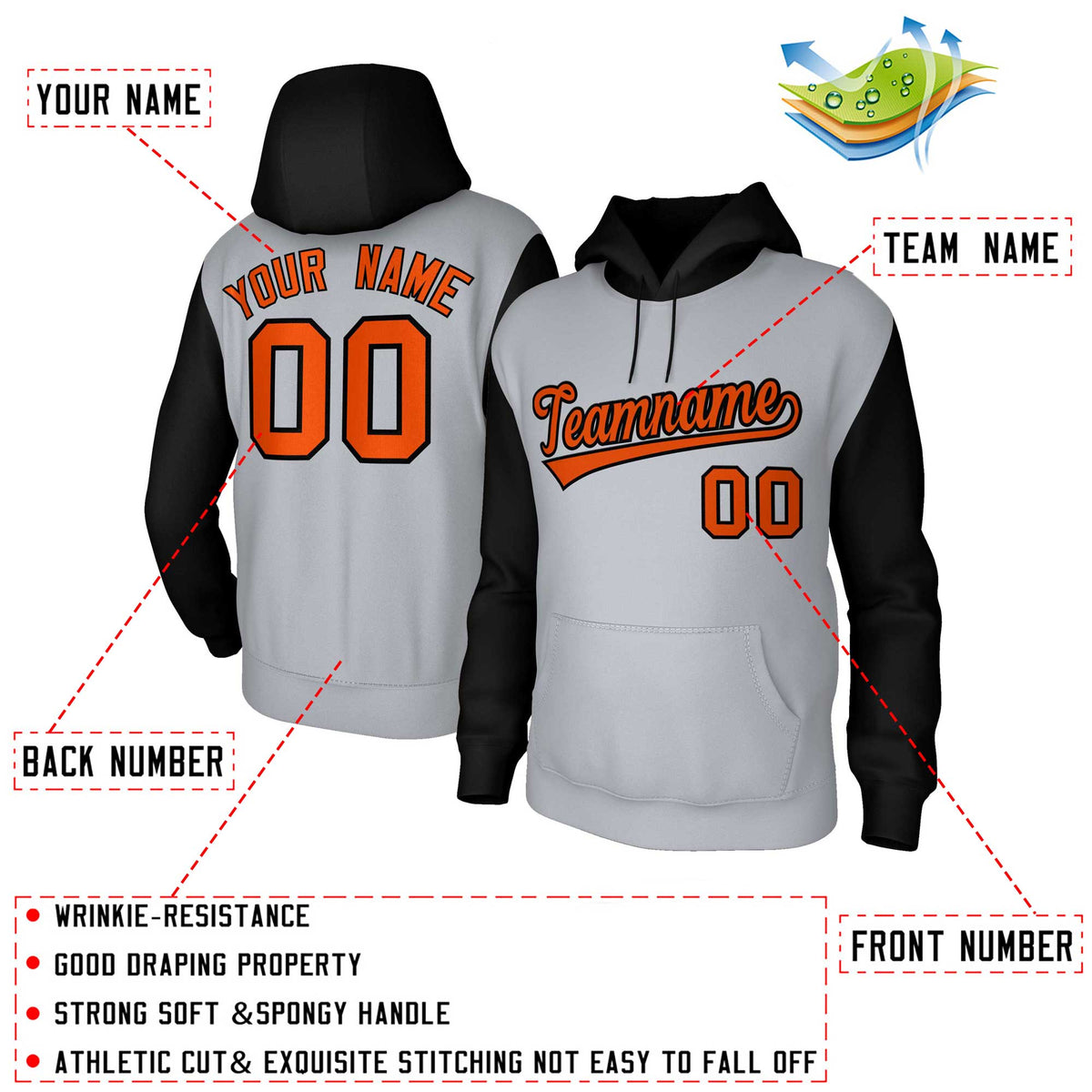 Custom Gray Orange-Black Raglan Sleeves Stitched Sportwear Pullover Hoodie| KXKSHOP