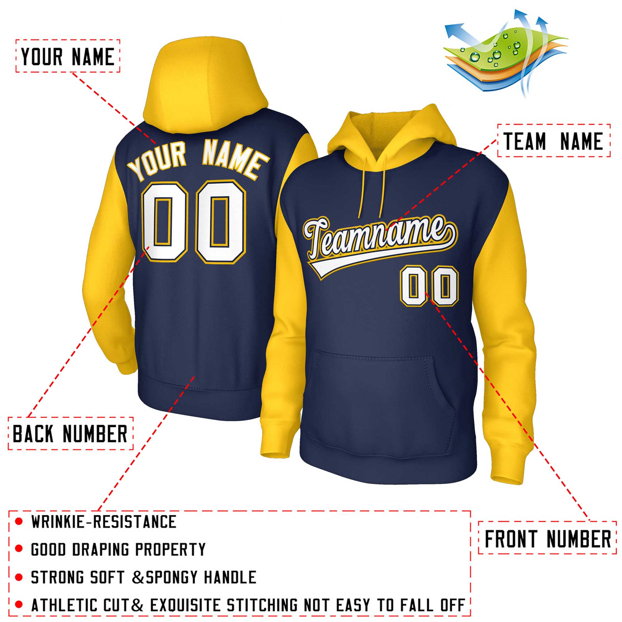 Custom Navy White-Gold Raglan Sleeves Stitched Sportwear Pullover Hoodie| KXKSHOP