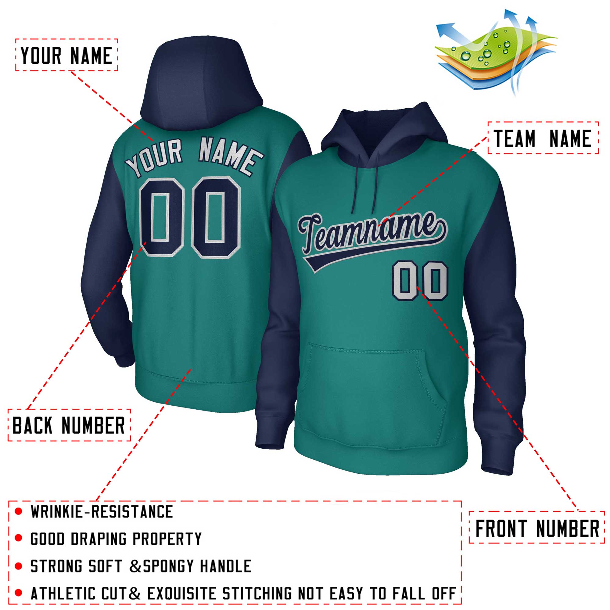 Custom Aqua Navy-Gray Raglan Sleeves Stitched Sportwear Pullover Hoodie| KXKSHOP