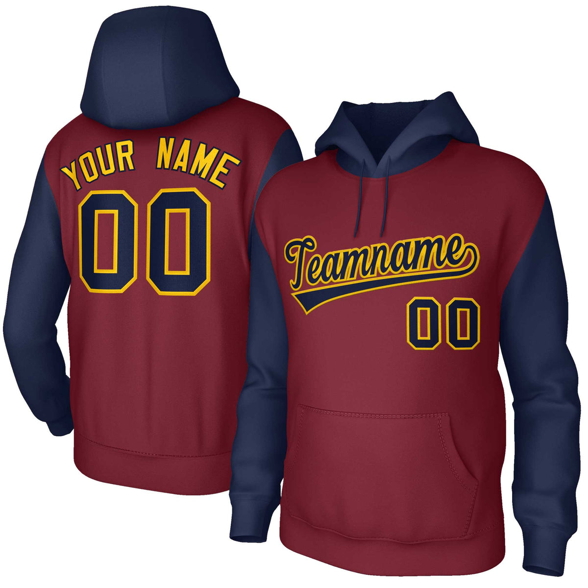 Custom Crimson Navy-Gold Raglan Sleeves Stitched Sportwear Pullover Hoodie| KXKSHOP