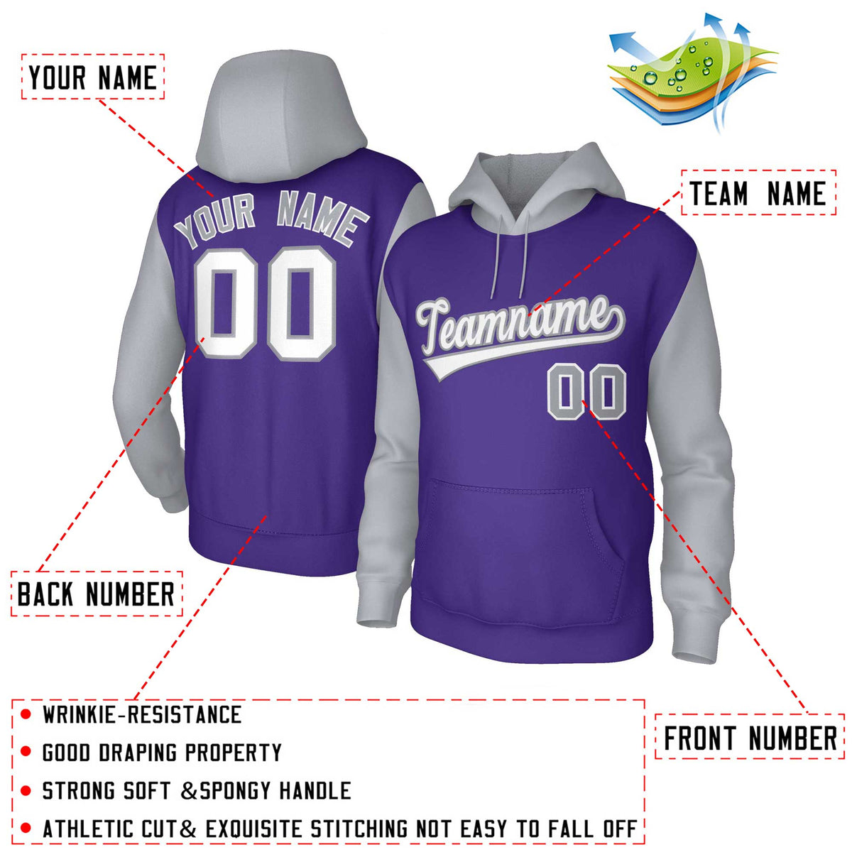 Custom Purple White-Gray Raglan Sleeves Stitched Sportwear Pullover Hoodie| KXKSHOP