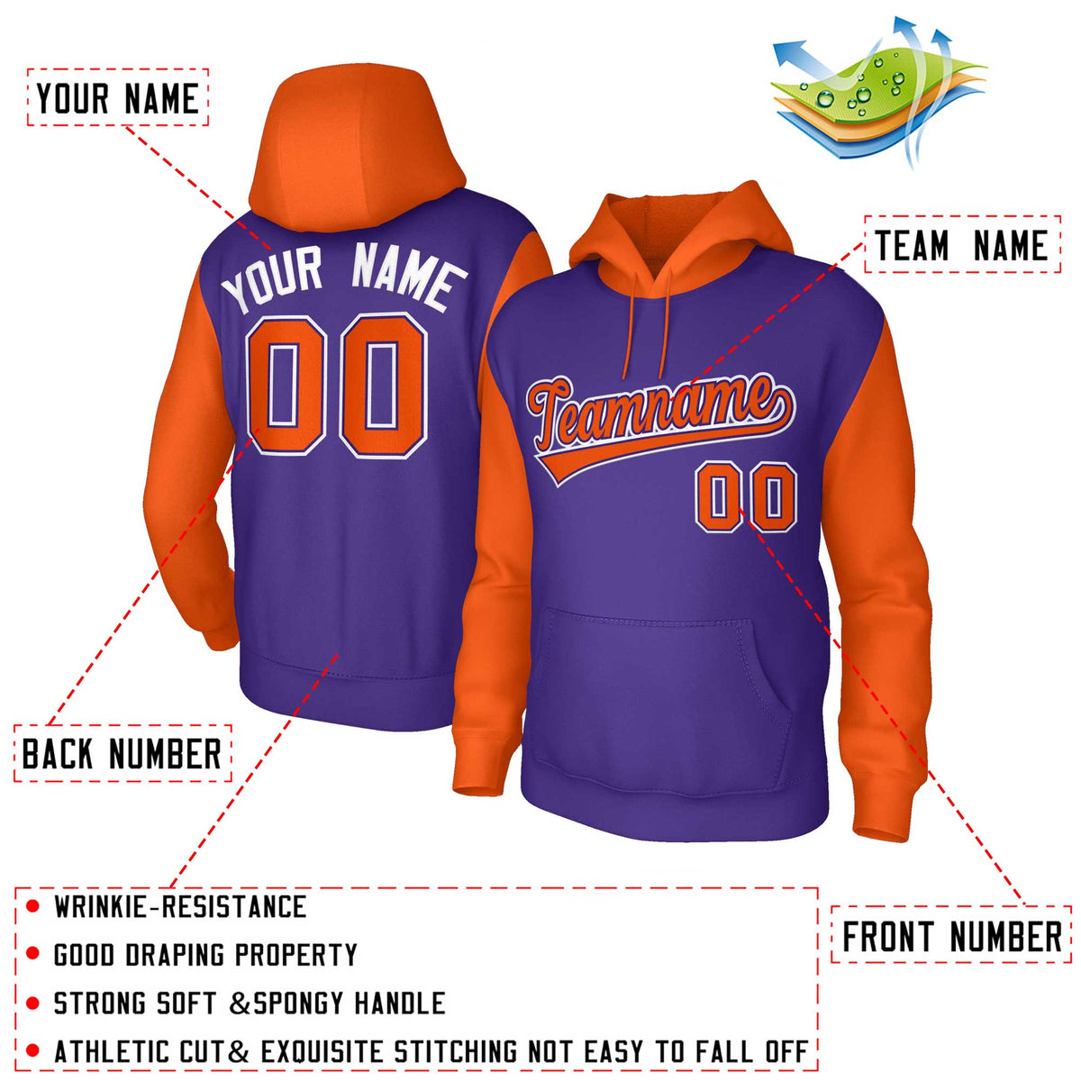 Custom Purple Orange-Purple Raglan Sleeves Stitched Sportwear Pullover Hoodie| KXKSHOP