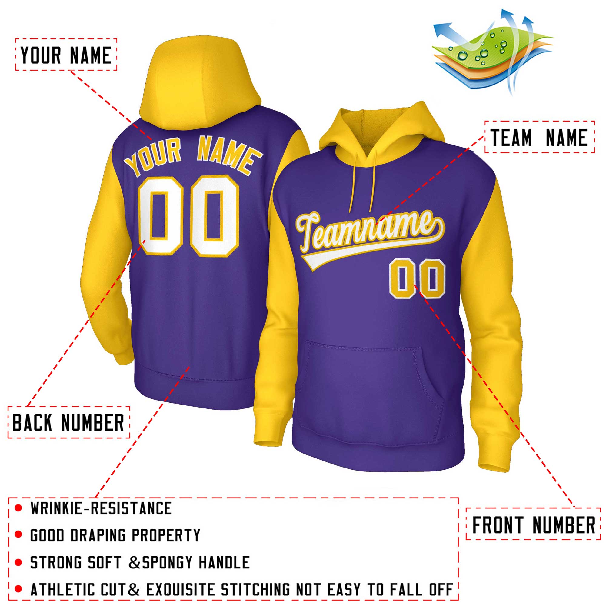 Custom Purple White-Gold Raglan Sleeves Stitched Sportwear Pullover Hoodie| KXKSHOP