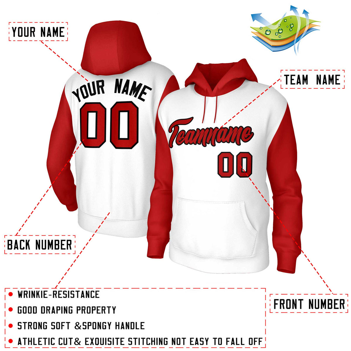 Custom White Red-Black Raglan Sleeves Stitched Sportwear Pullover Hoodie| KXKSHOP