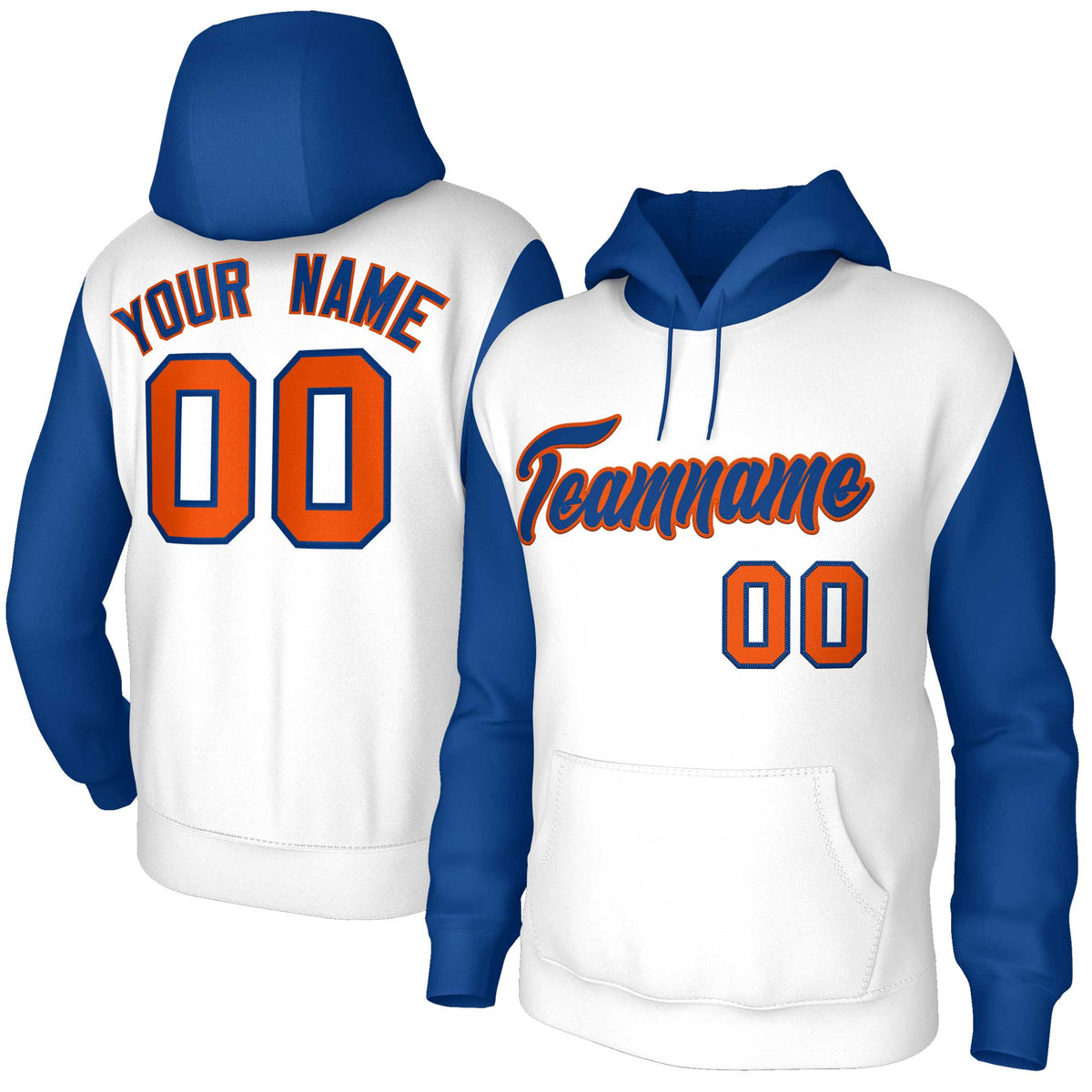 Custom White Royal-Orange Raglan Sleeves Stitched Sportwear Pullover Hoodie| KXKSHOP