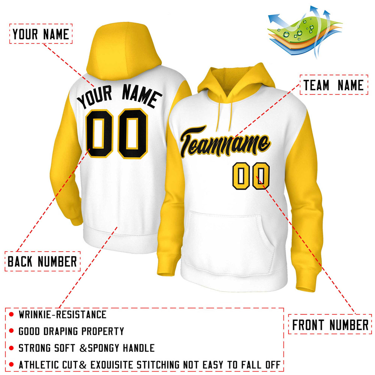 Custom White Black-Gold Raglan Sleeves Stitched Sportwear Pullover Hoodie| KXKSHOP