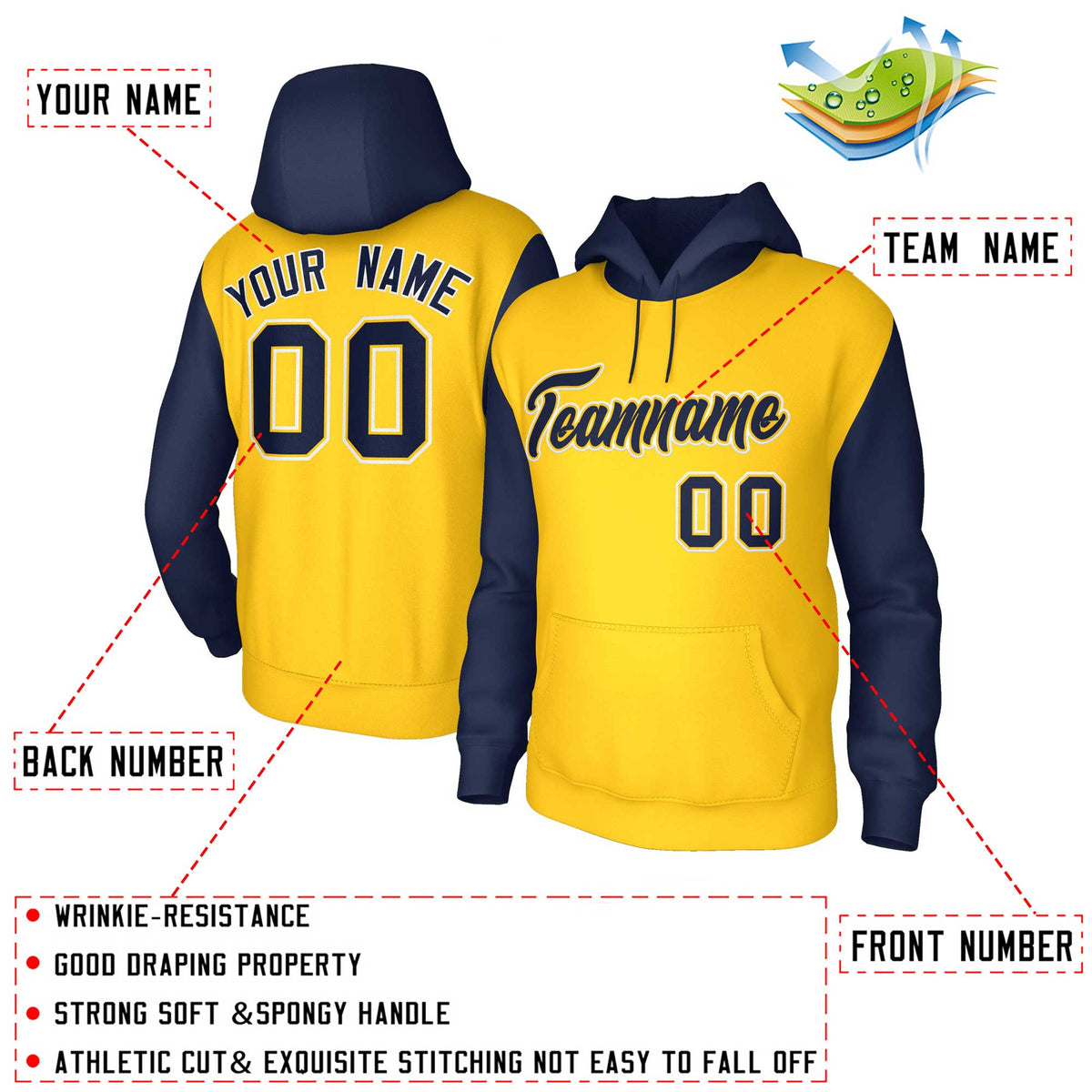 Custom Gold Navy-Gold Raglan Sleeves Stitched Sportwear Pullover Hoodie| KXKSHOP