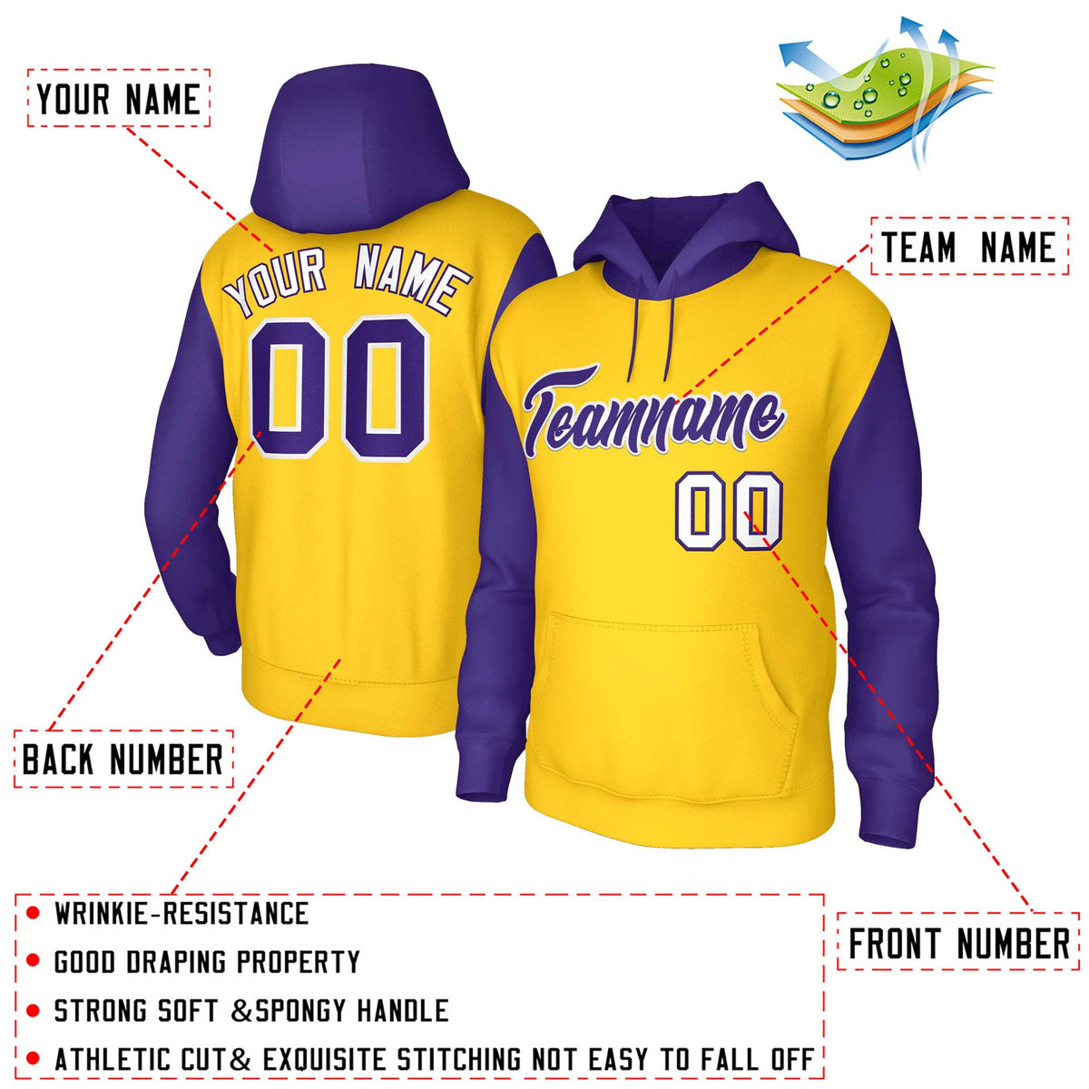 Custom Gold Purple-White Raglan Sleeves Stitched Sportwear Pullover Hoodie| KXKSHOP